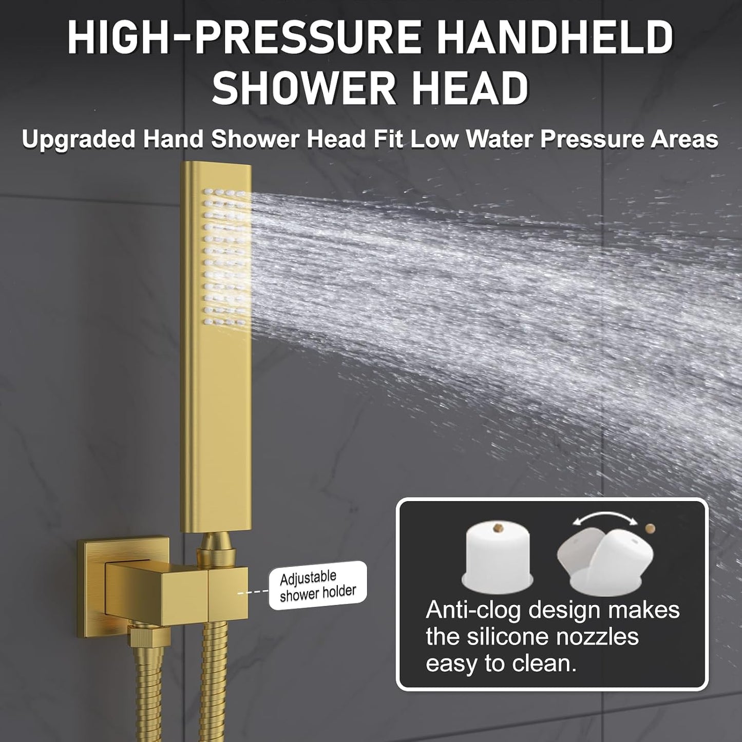 Iriber Brushed Gold Rain Shower System with 12 Inch Shower Head and Handheld shower Bathroom Wall Mounted Golden Shower Set Contain Shower Faucet Mixer Valve and Trim Kit (Valve Cartridge Included)