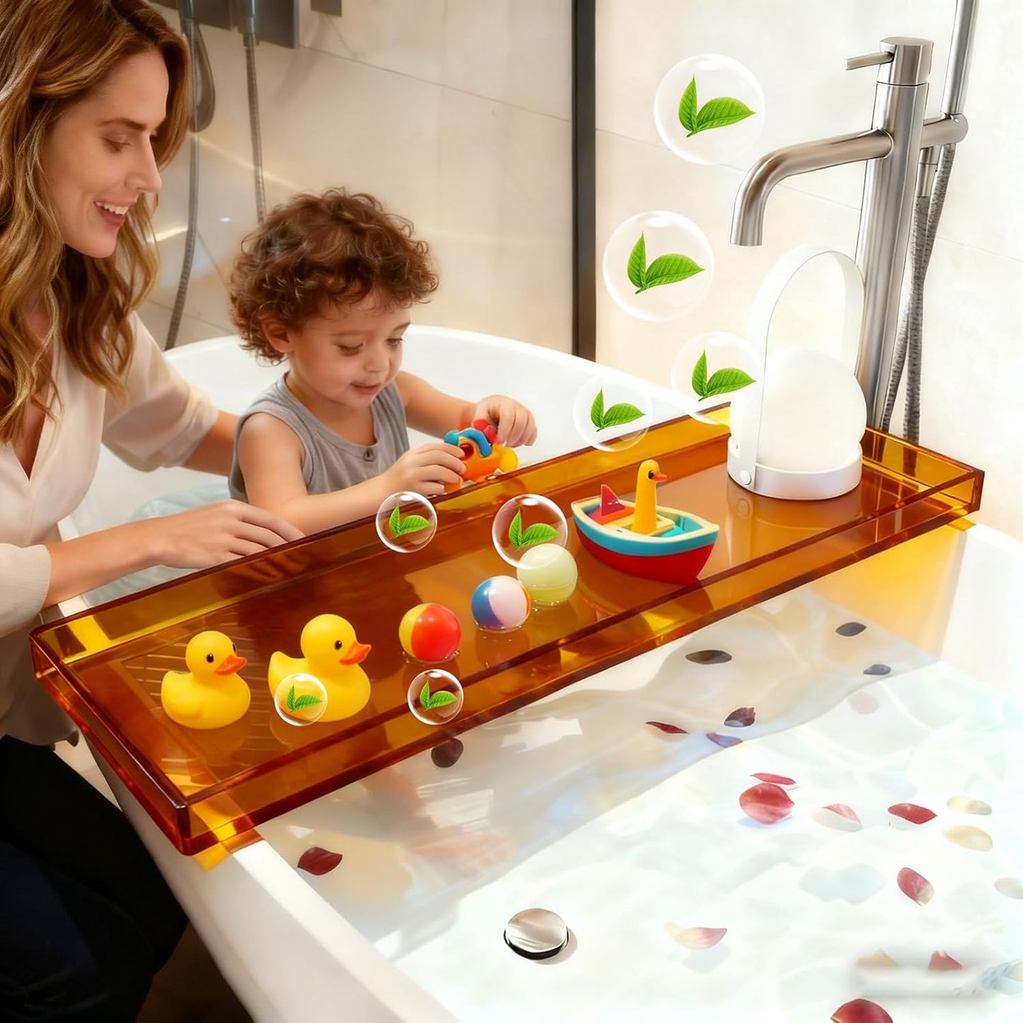 Bathtub Tray Table, Clear Acrylic, Anti-Slip Bath Caddy, (Amber, L32.3″ x W7.87″ x H1.18″)