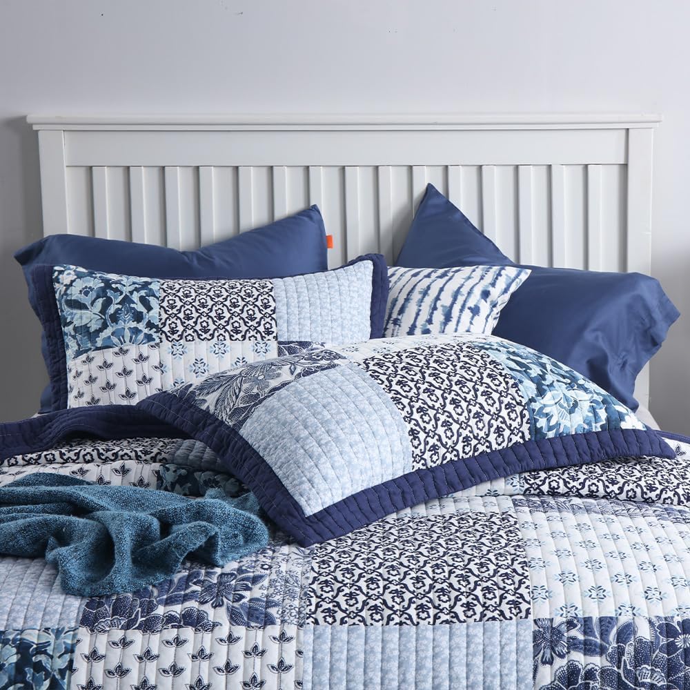 ENASAL Cotton Bedspread Quilt Sets Reversible Bedding Coverlet Sets Luxury Floral White Blue Real Patchwork Bedspread, King Size