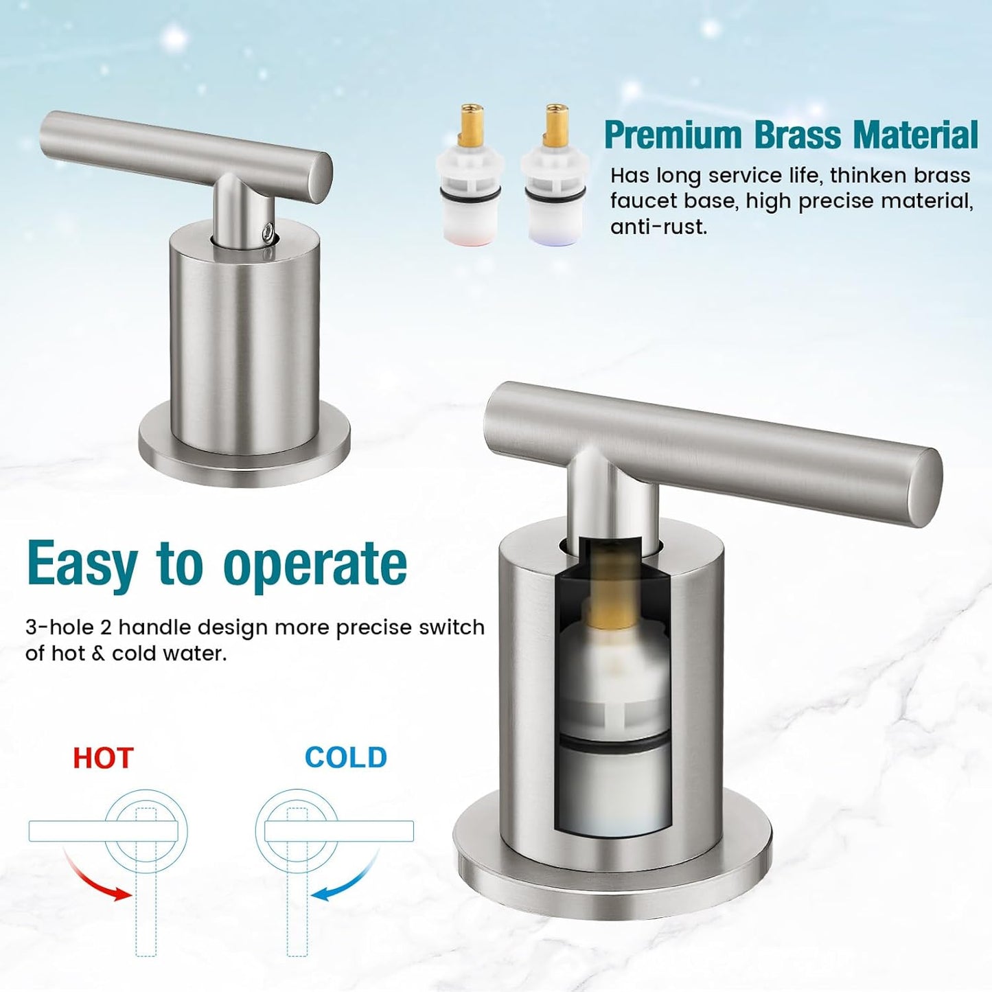 8 Inch Widespread Bathroom Faucet 3 Hole with Pop-up Drain, 2 Handle Bathroom Sink Faucet, Modern Vanity Faucet for Bathroom Sink with 360° Swivel Spout（Brushed Nickel）