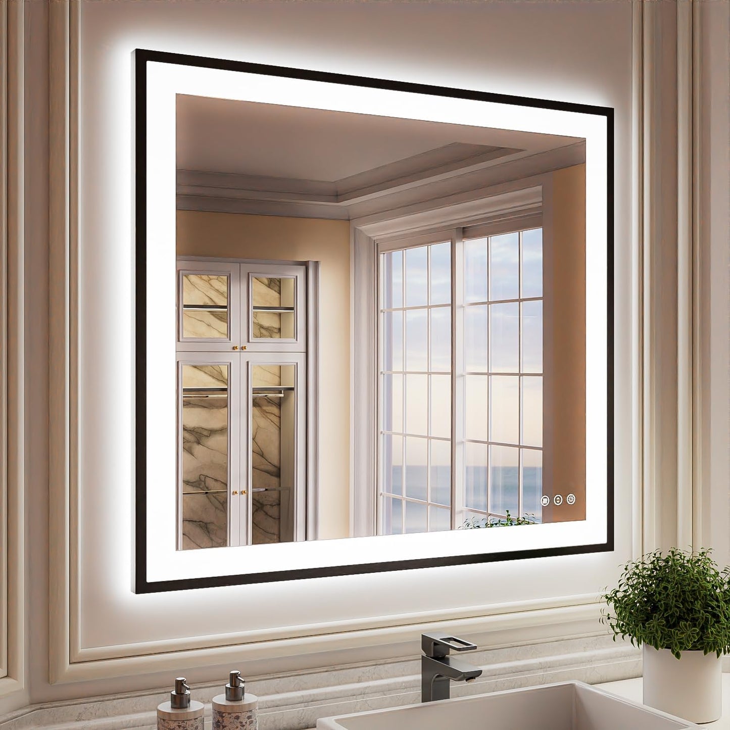 ISKM Framed LED Mirror for Bathroom 40"x36", Dimmable LED Bathroom Mirror with Lights, Anti-Fog, Front and Backlit Lighted Mirror 3-Colors, Shatterproof, Memory Function