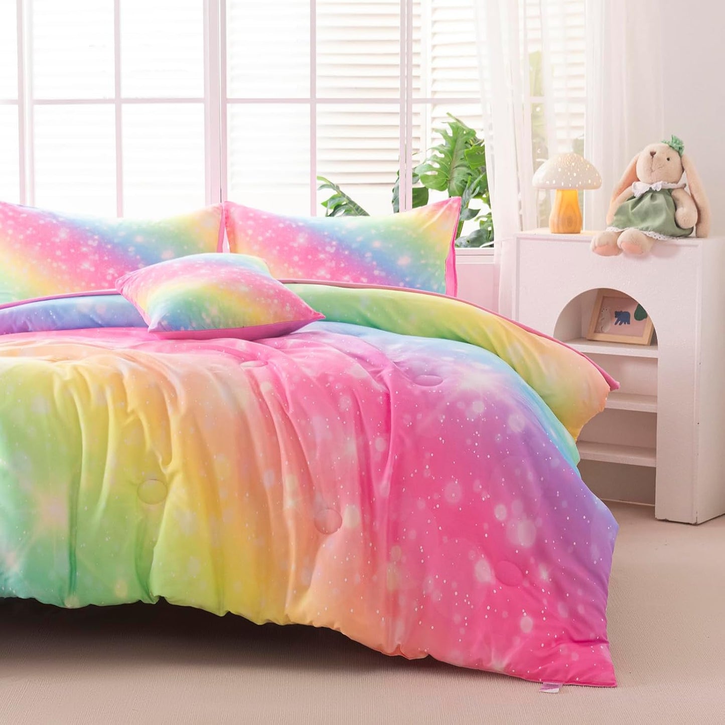 4Pcs Queen Size Comforter Set for Girls Kids, Gradient Colorful Rainbow Girls Bedding Set Queen with Sheets, Soft & Breathable Kids Bed for Gift Bedroom Decor