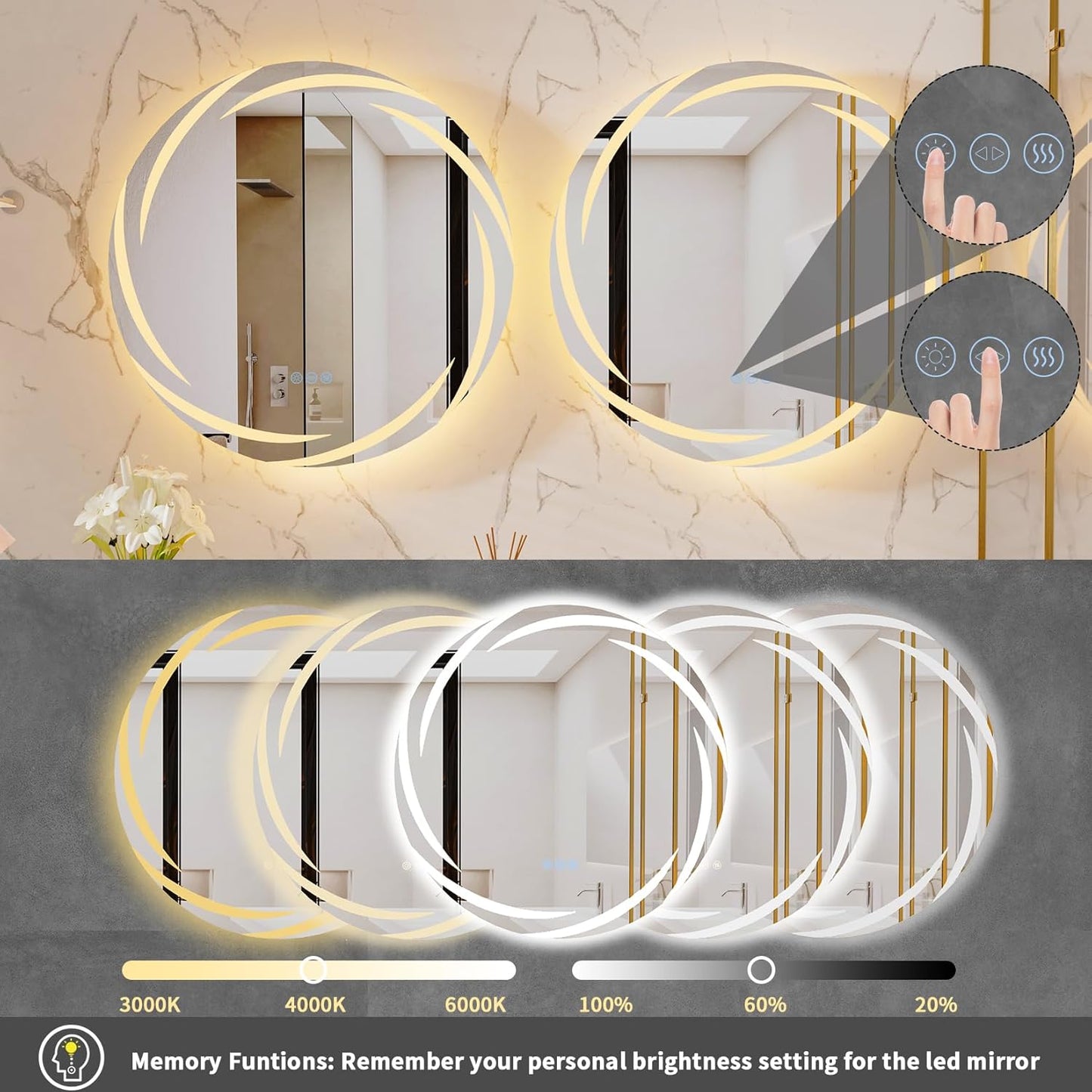 LUVODI Lighted LED Bathroom Mirror: 24” Circle Lighted Dimmable Wall Mounted Vanity Mirror with Bright Backlit - Smart Mirror Anti Fog with Touch Switch for Restroom Bedroom Living Room