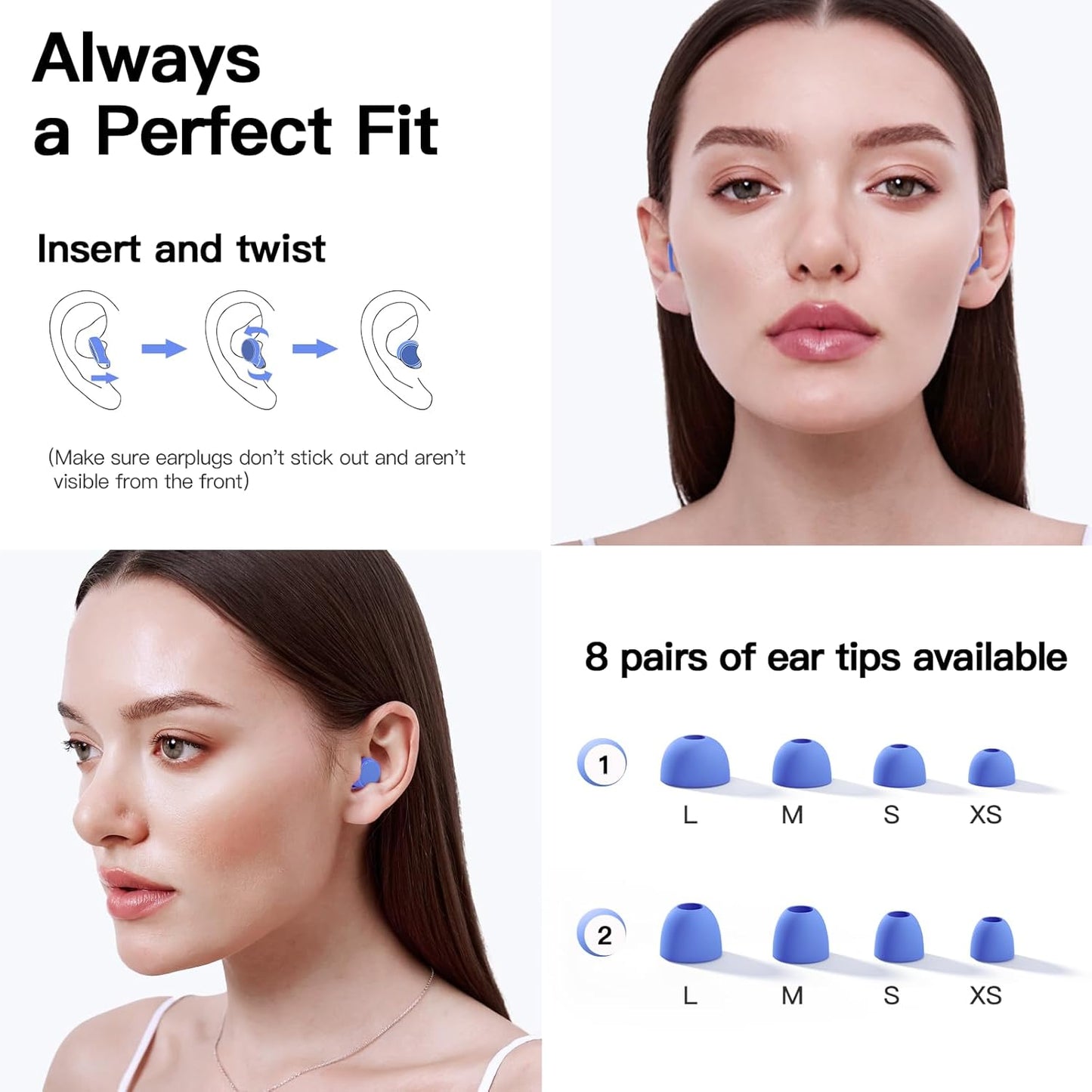 Ear Plugs for Sleeping 45dB Reusable Noise Cancelling Ear Plugs for Snoring, Concerts, Travel, Focus, Noise Reduction Earplugs with 8 Comfort-Fit Tips High-Fidelity Hearing Protection Ear Plug Blue