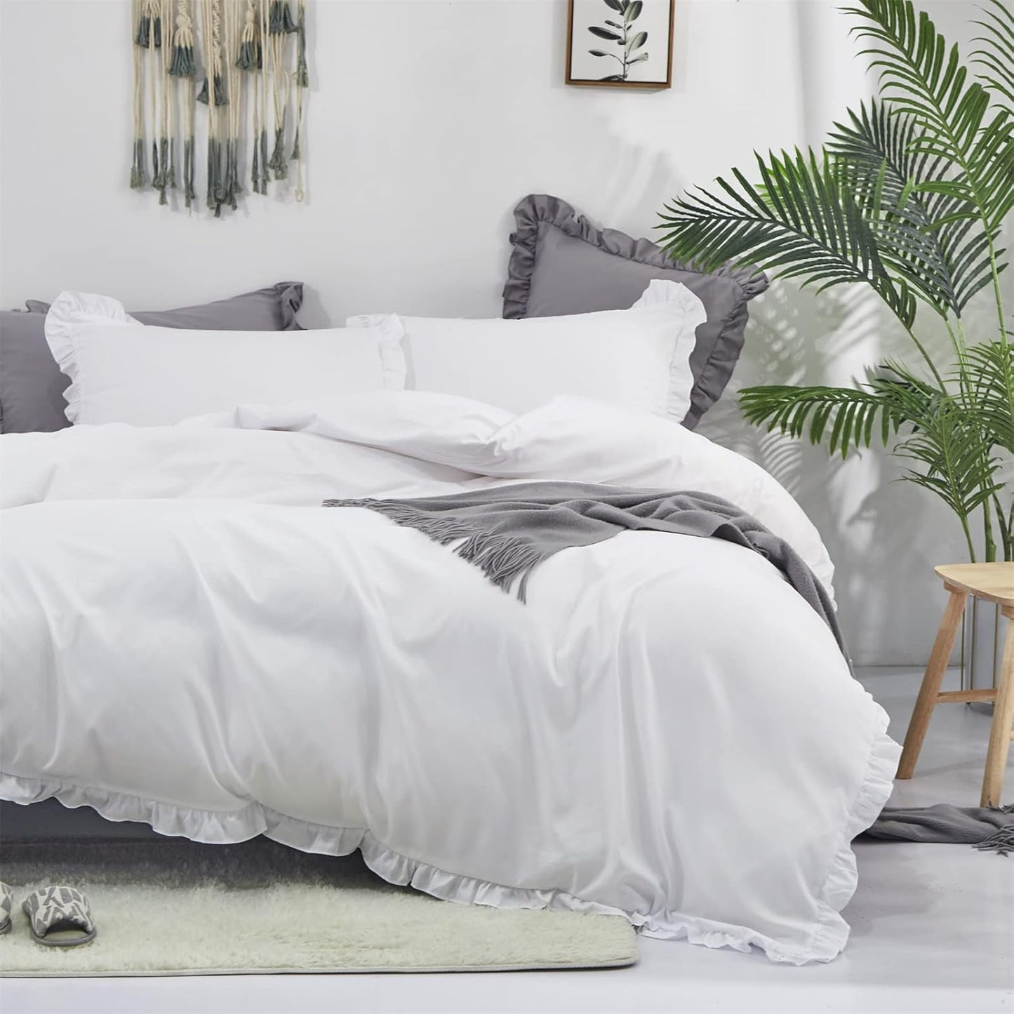 Cottonight White Comforter Set Full Ruffles White Bedding Set Farmhouser Boho Blanket Quilt Plain Vintage Friange Soft Breathable Comforter Set