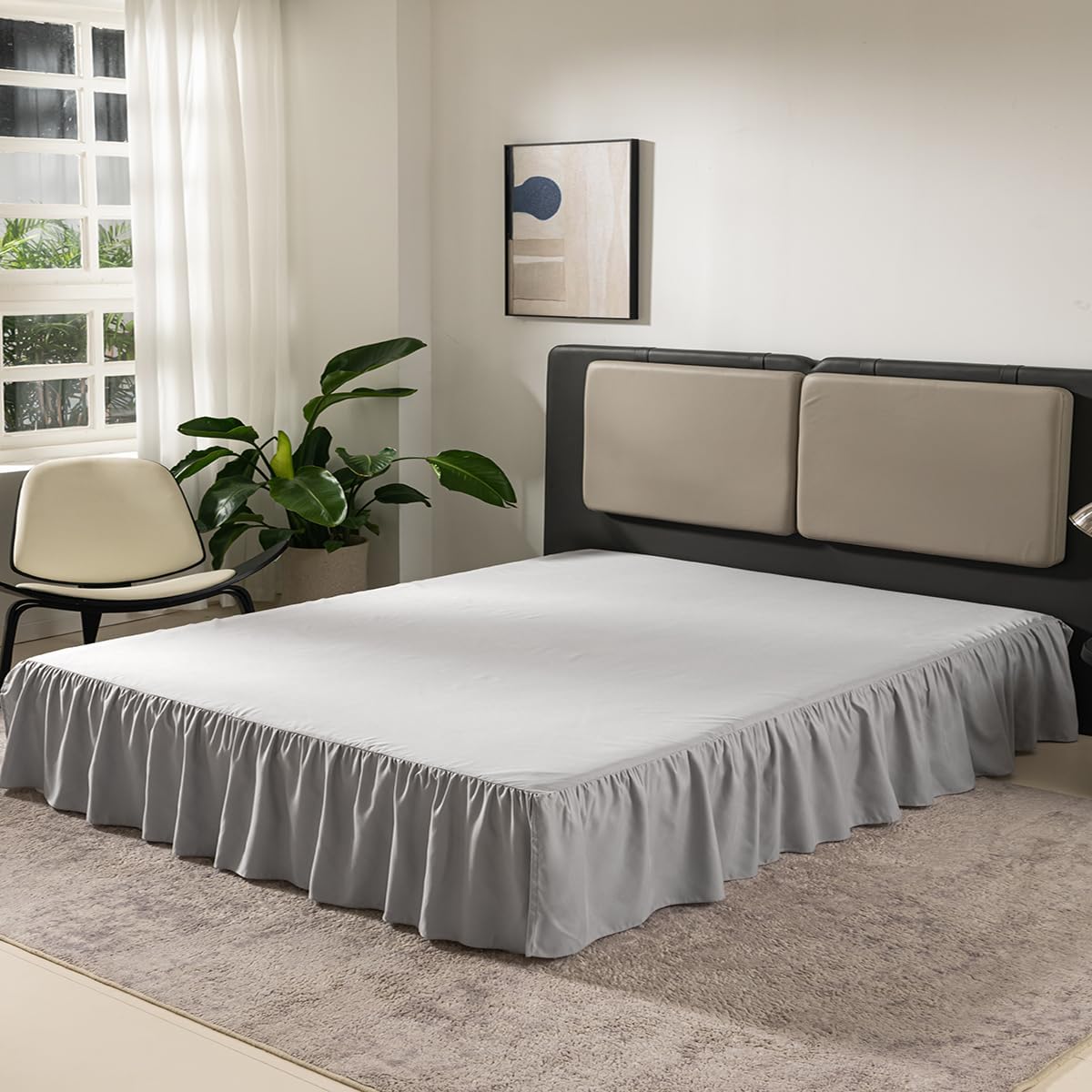 Bed Skirt Twin Size Ruffled Bed Skirt with Split Corners, 16 Inch Drop Dust Ruffle Bed Skirts with Platform, Light Grey