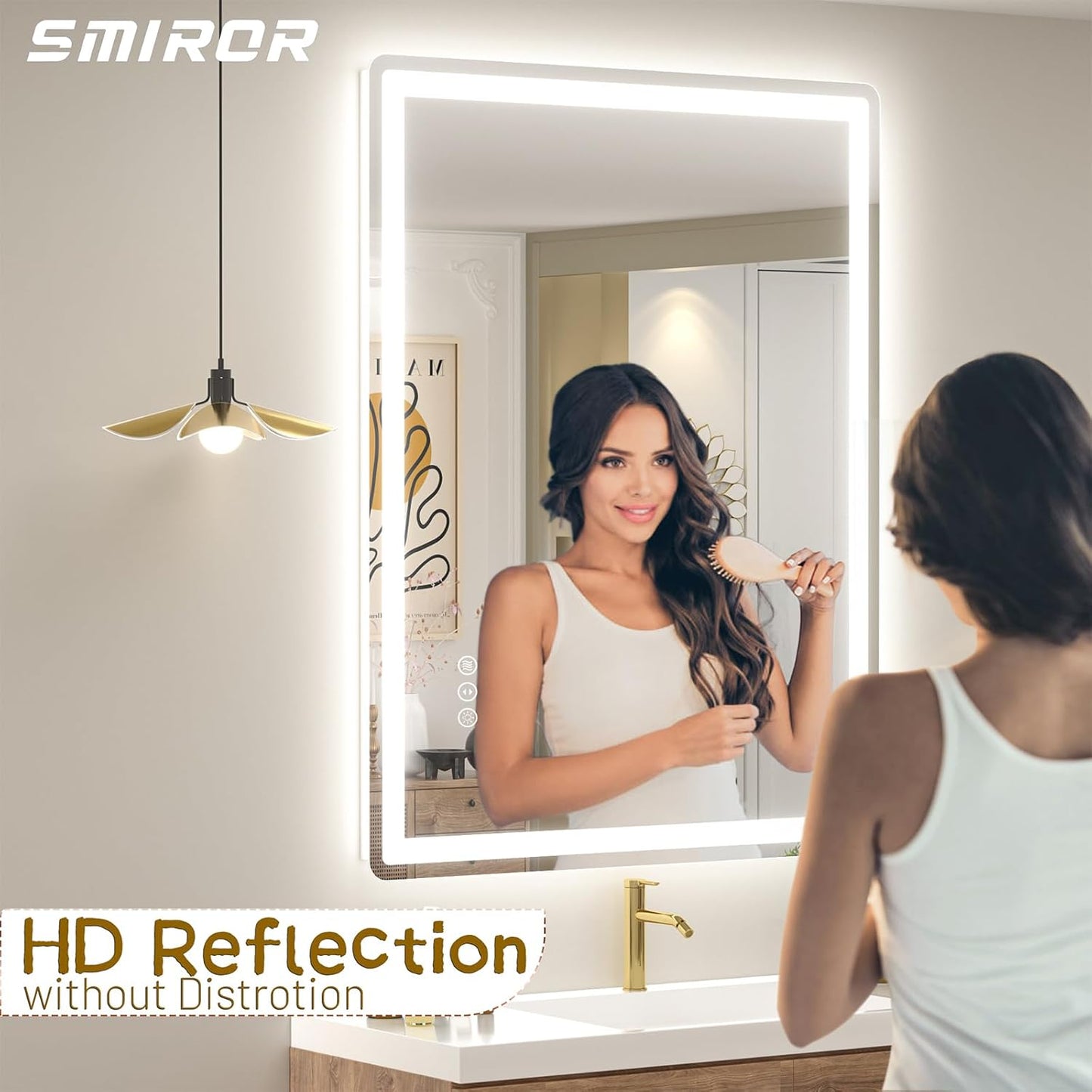 SMIROR LED Bathroom Mirror with Lights 28"x 36", Rounded Rectangle Lighted Vanity Mirror for Wall, Front Lit and Backlit, 3 Colors, Dimmable, Anti-Fog, Tempered Glass (Horizontally/Vertically)