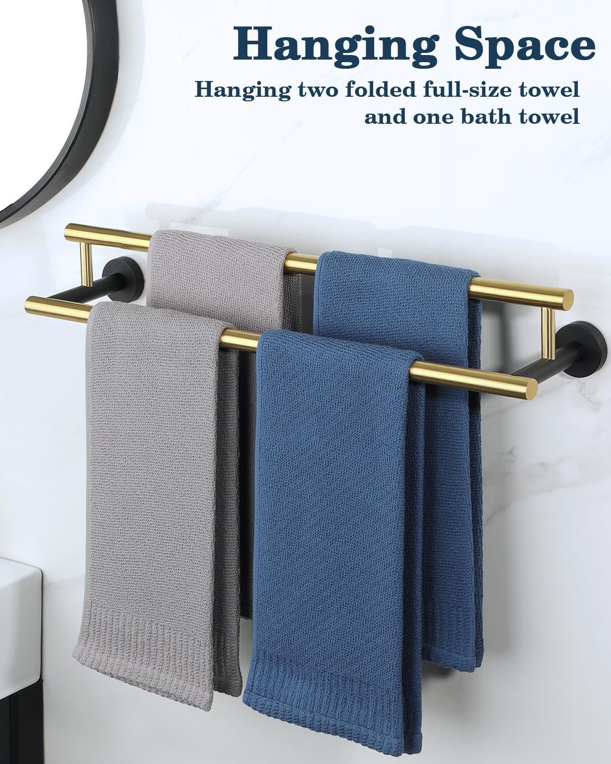 Alise Double Bath Towel Bars,24 Inch Towel Racks for Bathroom,SUS304 Stainless Steel Towel Holder,Towel Holder Wall Mount,Toilet Kitchen Towel Rod,Brushed Gold and Black Finish Towel Rail,GYT6902-GB