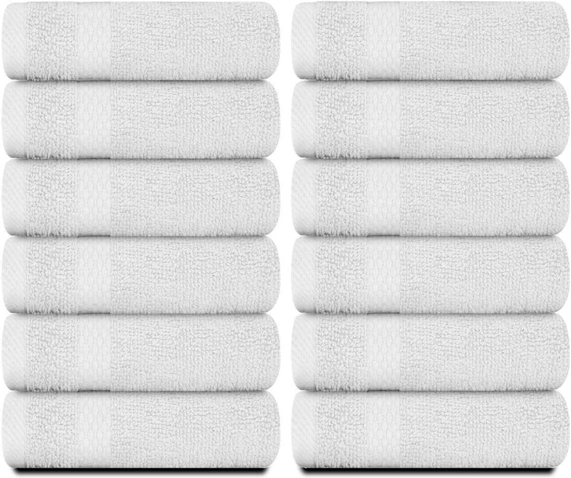 White Classic Luxury Cotton Washcloths 13x13 Inch - 650 GSM Turkish Cotton | Hotel, Spa, Bathroom Face Towel | 12 Pack, Silver