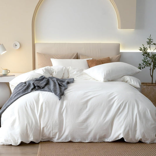 JIYUAN 100% Washed Cotton Duvet Cover Set 3 Pieces Super King, 1 Duvet Cover 108x98 Inches(Comforter Not Included) and 2 Pillowcases,Linen Feel Bedding Set Comfy and Breathable,Bright White