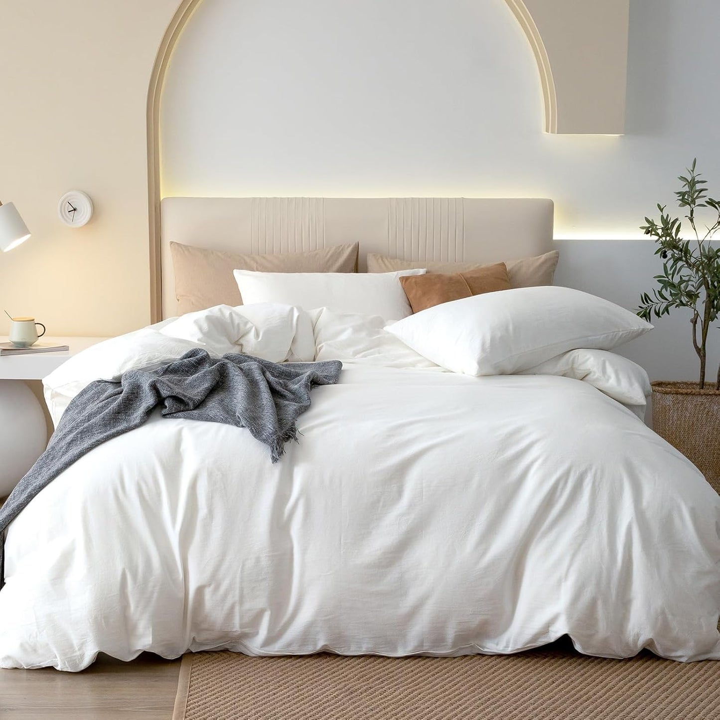 JIYUAN 100% Washed Cotton Duvet Cover Set 3 Pieces King, 1 Duvet Cover 104x90 Inches(Comforter Not Included) and 2 Pillowcases,Linen Feel Bedding Set Comfy and Breathable,Bright White