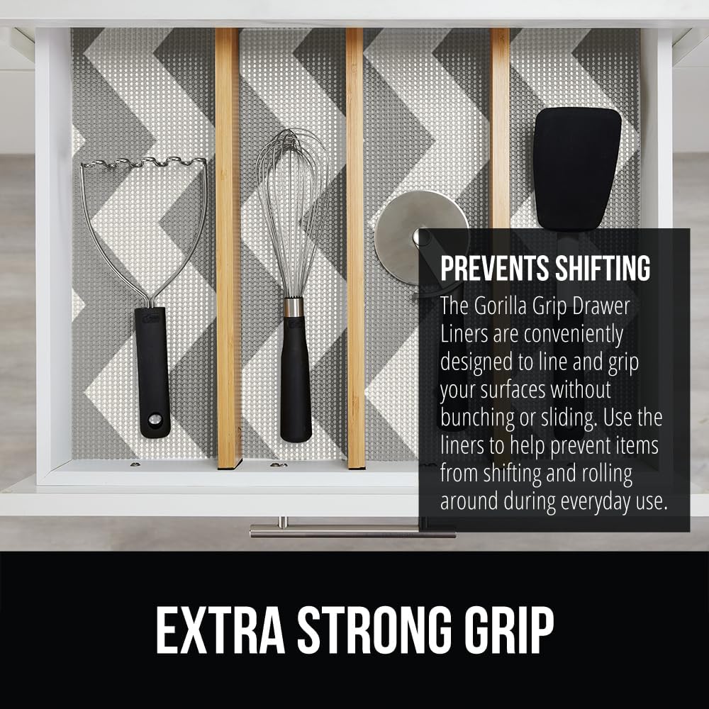 GORILLA GRIP powerGRIP Drawer Shelf and Cabinet Liner, Thick Strong Hold, Non-Adhesive Liners Protect Kitchen Cabinets and Cupboard, Bathroom Drawers, Easy Install, Breathable Mat, 20" x30', Chevron