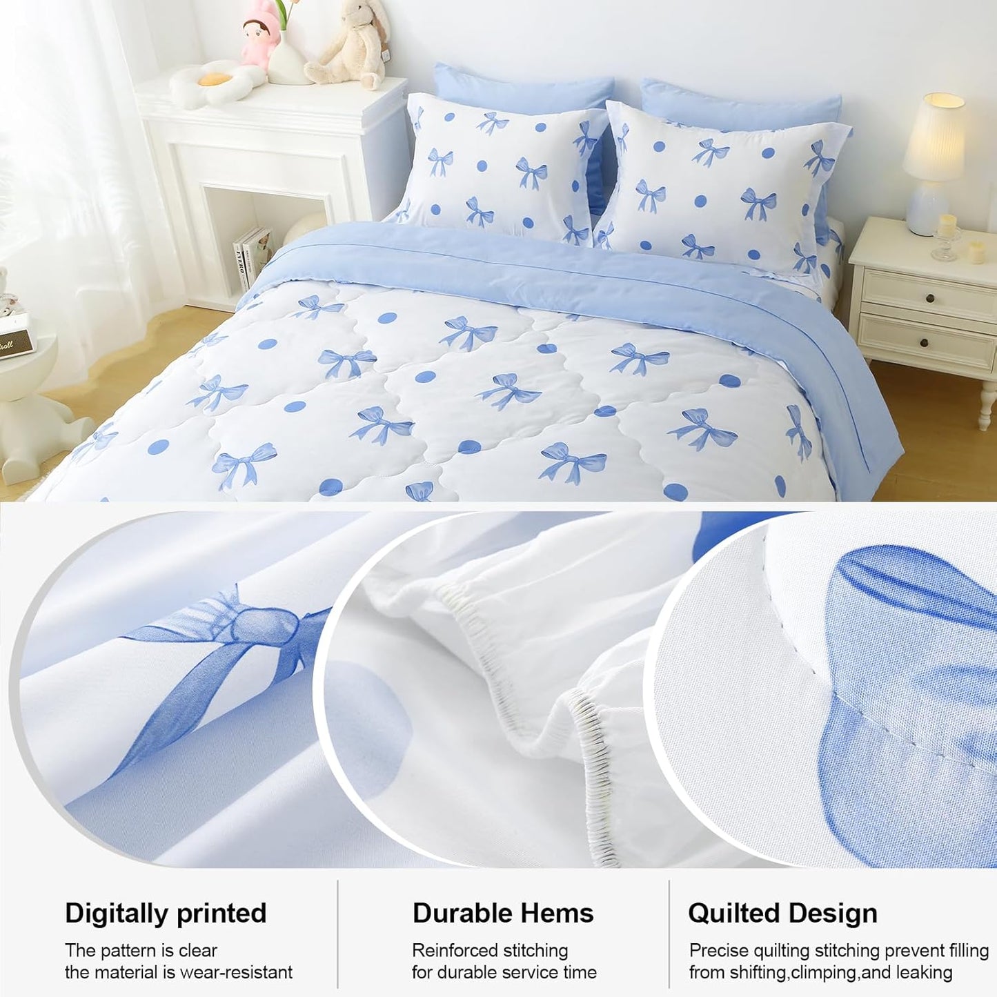 Wajade 7 Piece Blue Bow Comforter Set for Girls Kids Queen Size Bedding Set with Sheet and 2 Pillowcases 2 Pillow Shams Cute Girls Bed in a Bag as Birthday Choice