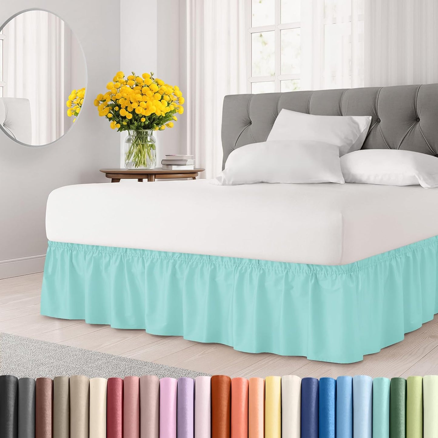 Wrap Around Dust Ruffle Bed Skirt - Spa Blue - for Full Size Beds with 21 Inch Drop - Easy Fit Elastic Strap - Adjustable Pleated Bedskirt w/Brushed Fabric Wrinkle Free - for Women, Men, Kids & Teens