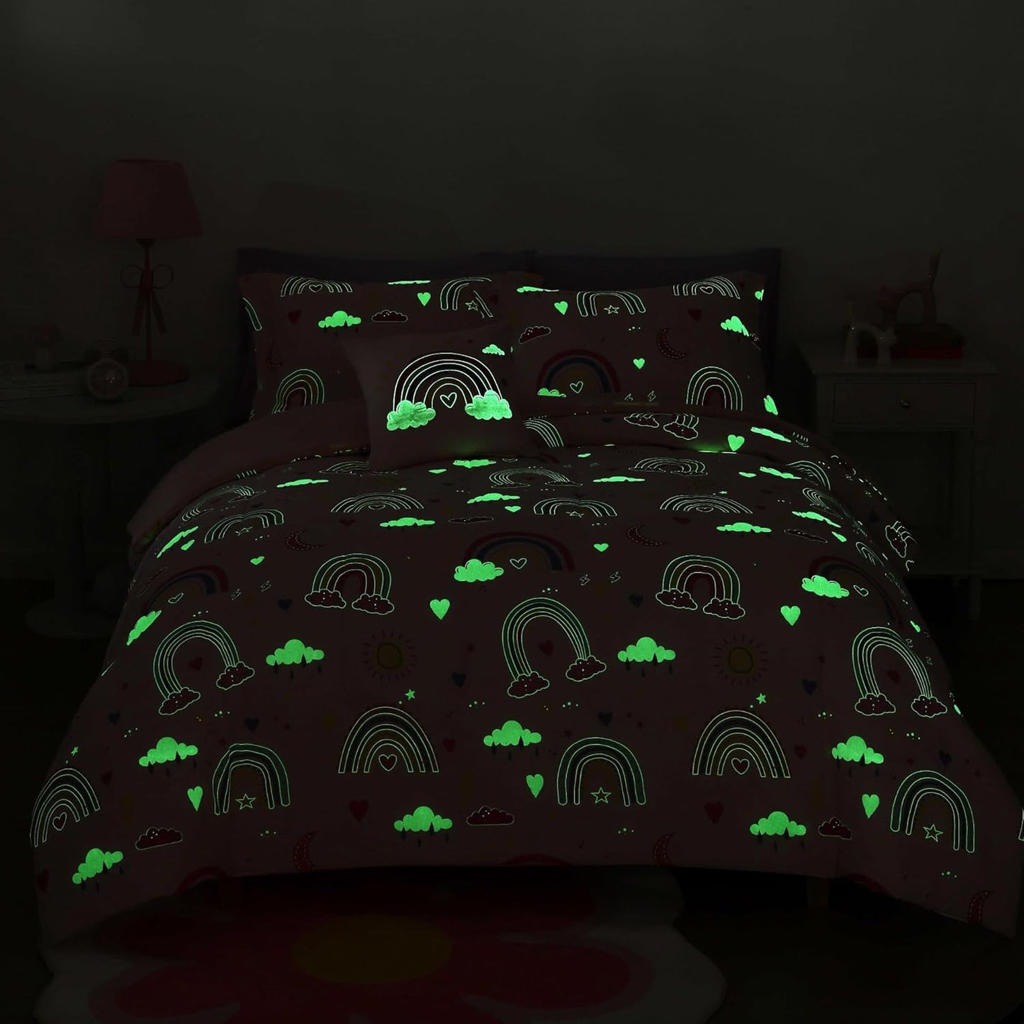Glow in The Dark Kids Comforter Set Full Size for Girls, Pink Rainbow Bedding Set 1 Comforter, 1 Decor Pillow, 2 Pillow Shams