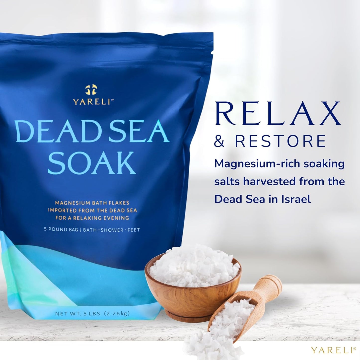 Yareli Magnesium Flakes, 5lb, Dead Sea Bath and Foot Soak, Alternative to Epsom Salt with Over 250,000mg of Magnesium Chloride Per Bag