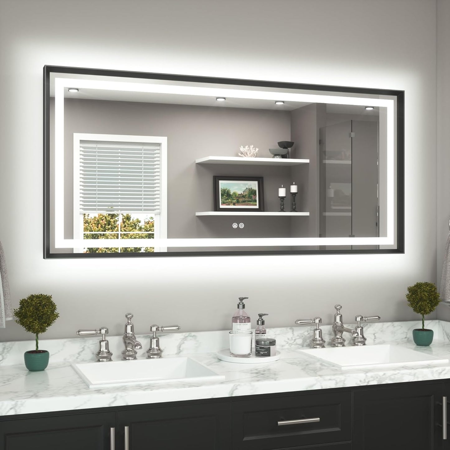 TETOTE 60 x 28 Large Bathroom Mirror Brushed Black Metal Frame Frontlit & Backlit Vanity Mirror 3 Colors White/Warm/Natural Stepless Dimmable Anti-Fog Bathroom Mirrors for Vanity Wall-Mounted