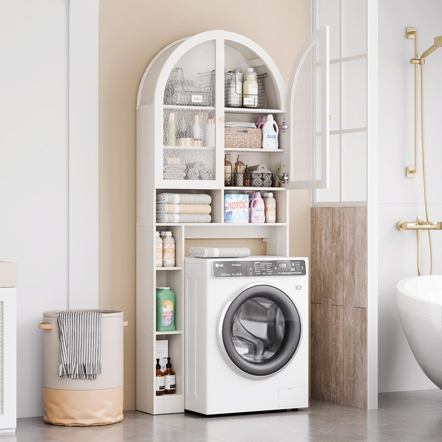 Over The Toilet Storage Cabinet, 29.7”W Modern Storage Cabinet Over Toilet with Acrylic Doors, Arched Freestanding Over Toilet Rack with Adjustable Shelf for Bathroom, Antique White