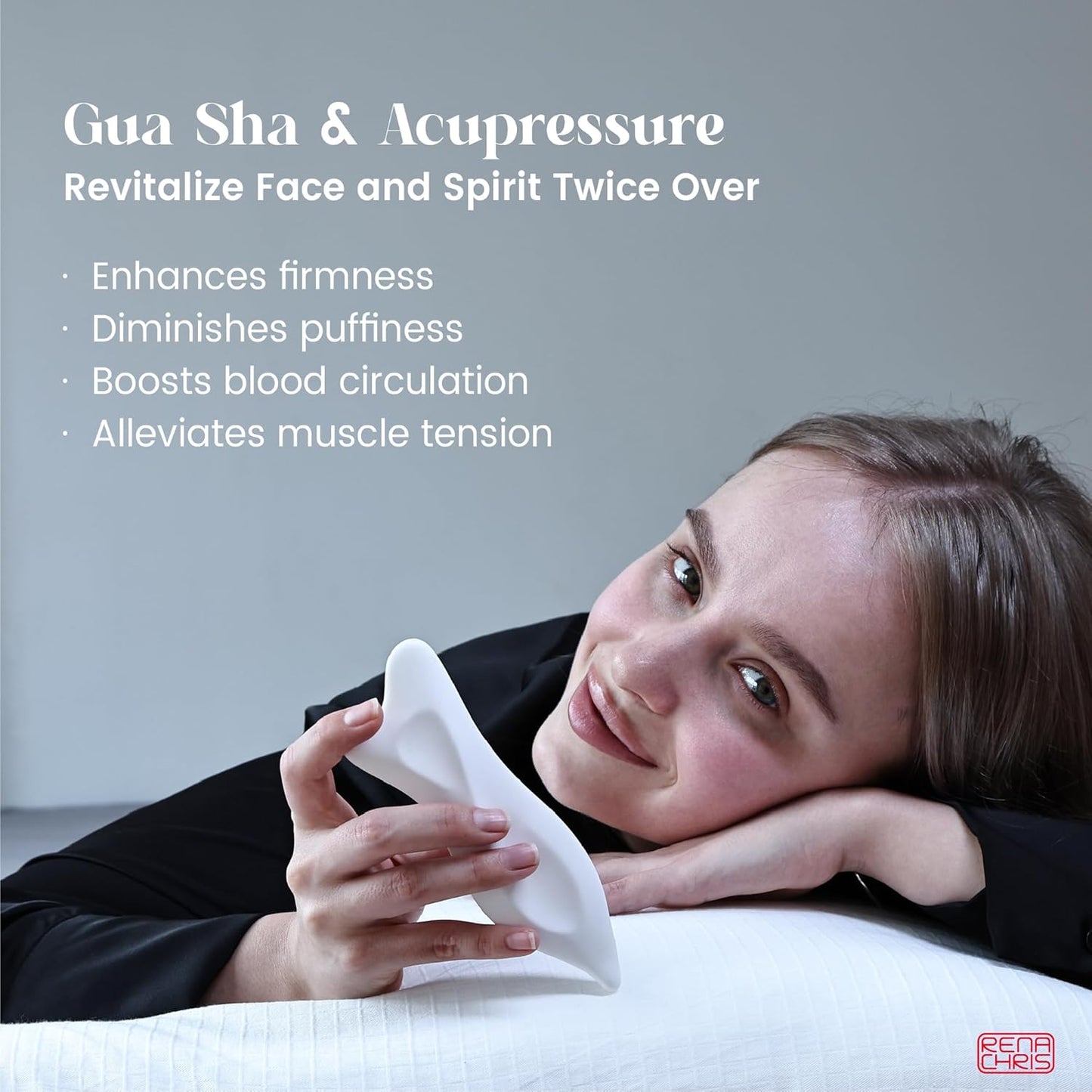 Rena Chris 3D Ceramic Gua Sha Facial Tools - Acupressure & Guasha for Face Massage, Jawline Sculpting, Puffiness Reduction, Skin Care Tool (White)