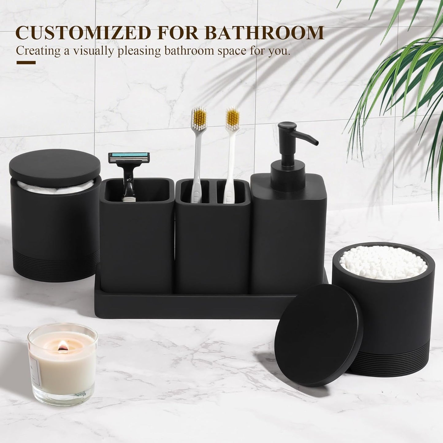 Bathroom Accessories Set, 6 Piece Bathroom Set with Toothbrush Holders, Soap Dispenser, Vanity Tray, Tumbler, Cotton Swab Jars, Bathroom Organizer，Bathroom Sink Sets, Matte Black