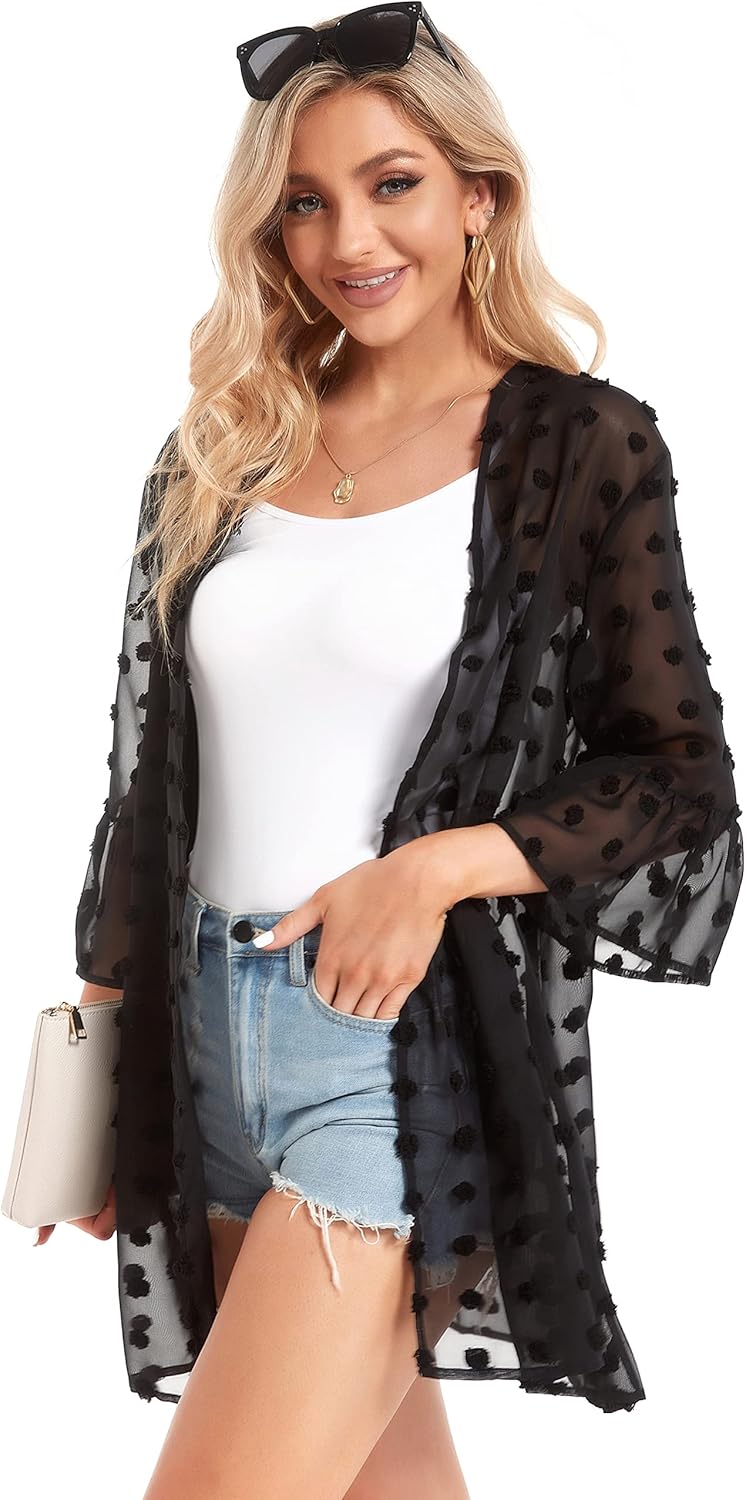 CHICGAL Womens Kimono for Summer Puff Sleeve Cardigan Casual Loose Fit Beach Cover Ups Resorts Swimwear