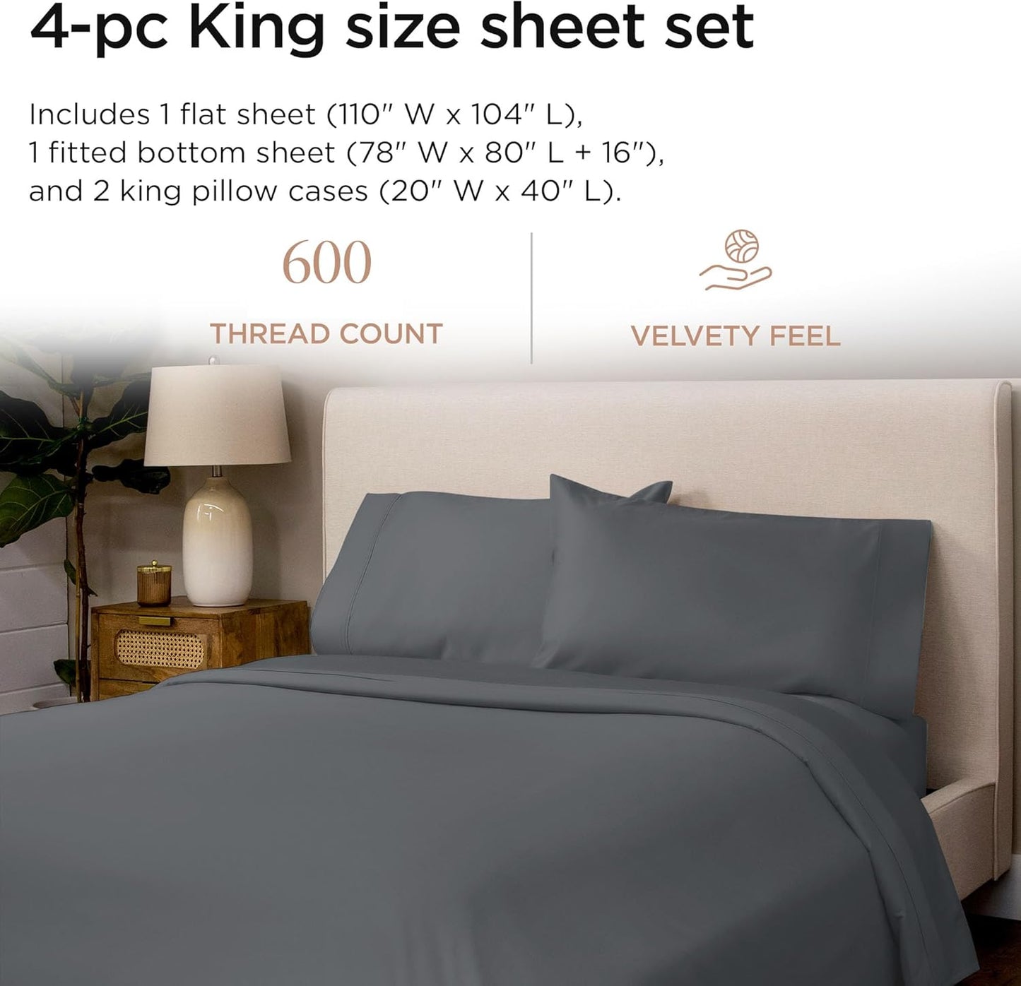 Threadmill 100% Cotton Sheets for King Size Bed - 600 Thread Count King Bed Sheets Set with 16” Deep Pocket - Sateen Weave 4-Piece Bedding Set with Cooling Effect, Dark Grey