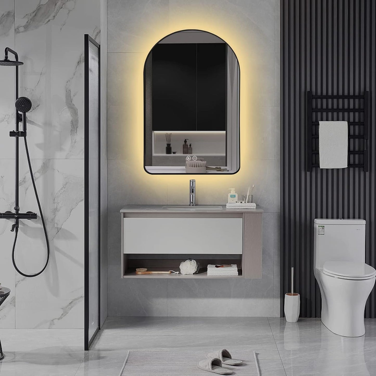 Niccy Arched LED Lighted Bathroom Mirror, 48x30 Inch Backlit Vanity Bathroom Mirror with Lights Brushed Black Framed Wall Mounted Mirrors with 3 Color Shatterproof Arch Smart Fog Free Mirror