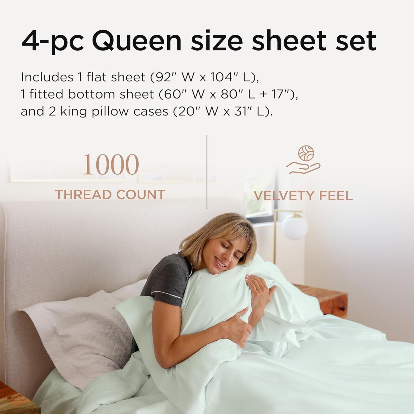 Threadmill Supima Cotton Queen Sheet Set, 1000 Thread Count Queen Sheets for Queen Mattresses, 4 Piece American Luxury Bed Sheets, Sateen Hotel Quality Sheets with Elasticized Deep Pocket, Seaglass