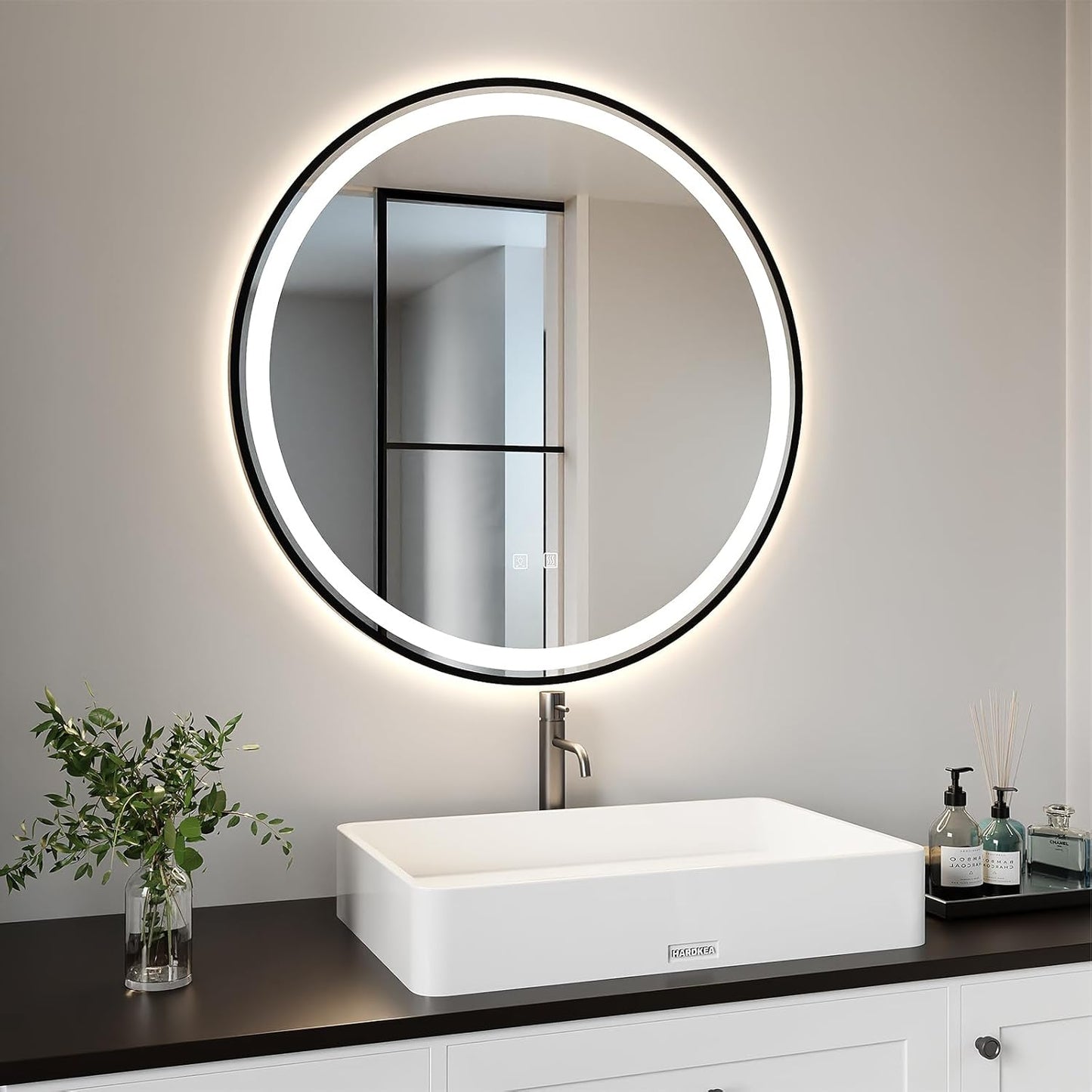 APRILSOUL 32 Inch Round Aluminum Framed LED Bathroom Mirror with Lights, Makeup Mirror with Front and Backlit, Anti-Fog, 3 Colors and Dimmable Light