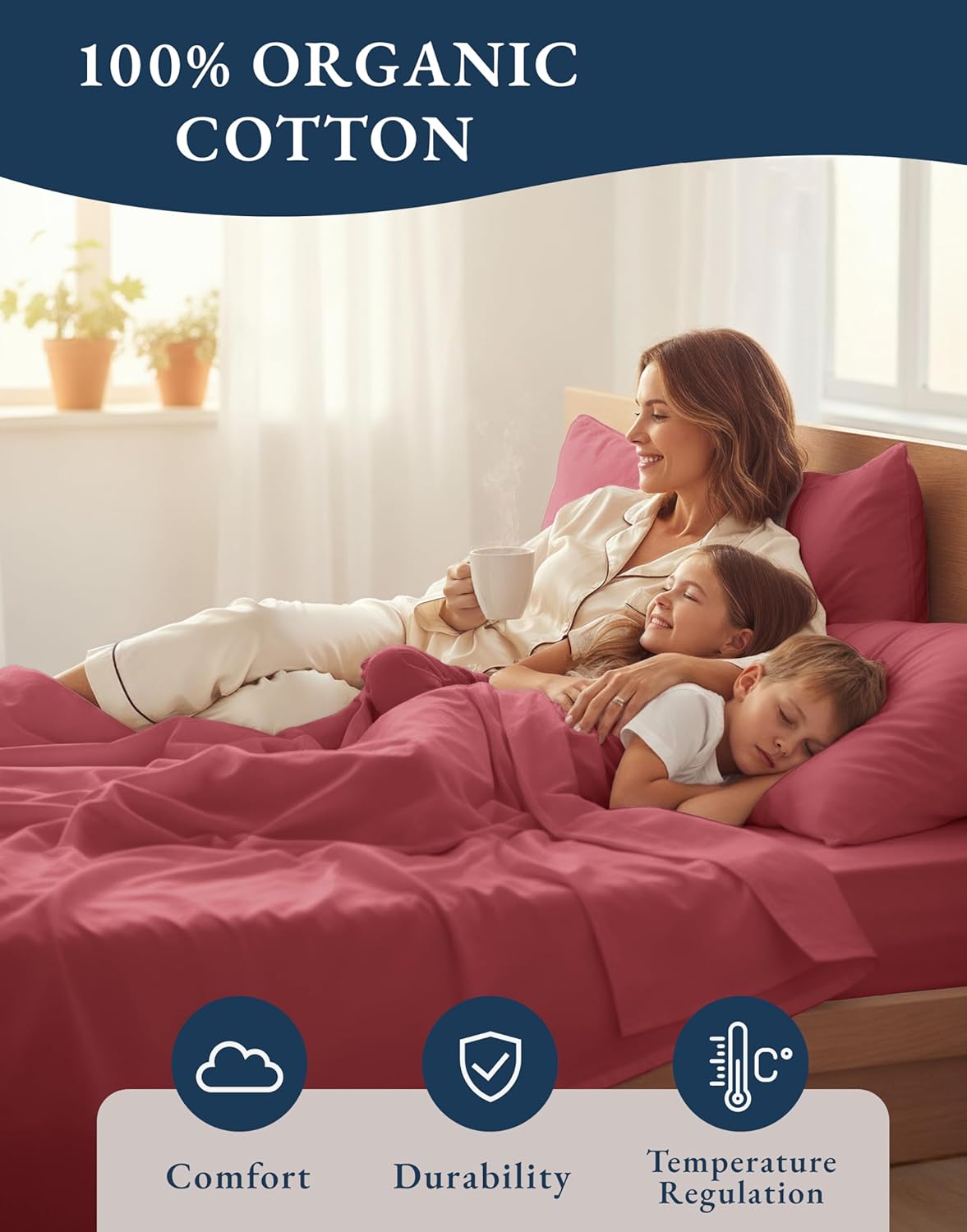 LANE LINEN 100% Organic Cotton Queen Sized Sheets, Fuly Elasticized Mercerized Low Pill Fade Resistant Percale Weave Bedsheets for Queen Size Bed, Soft and Comfy Sheet & Pillowcase Sets - Mineral Red