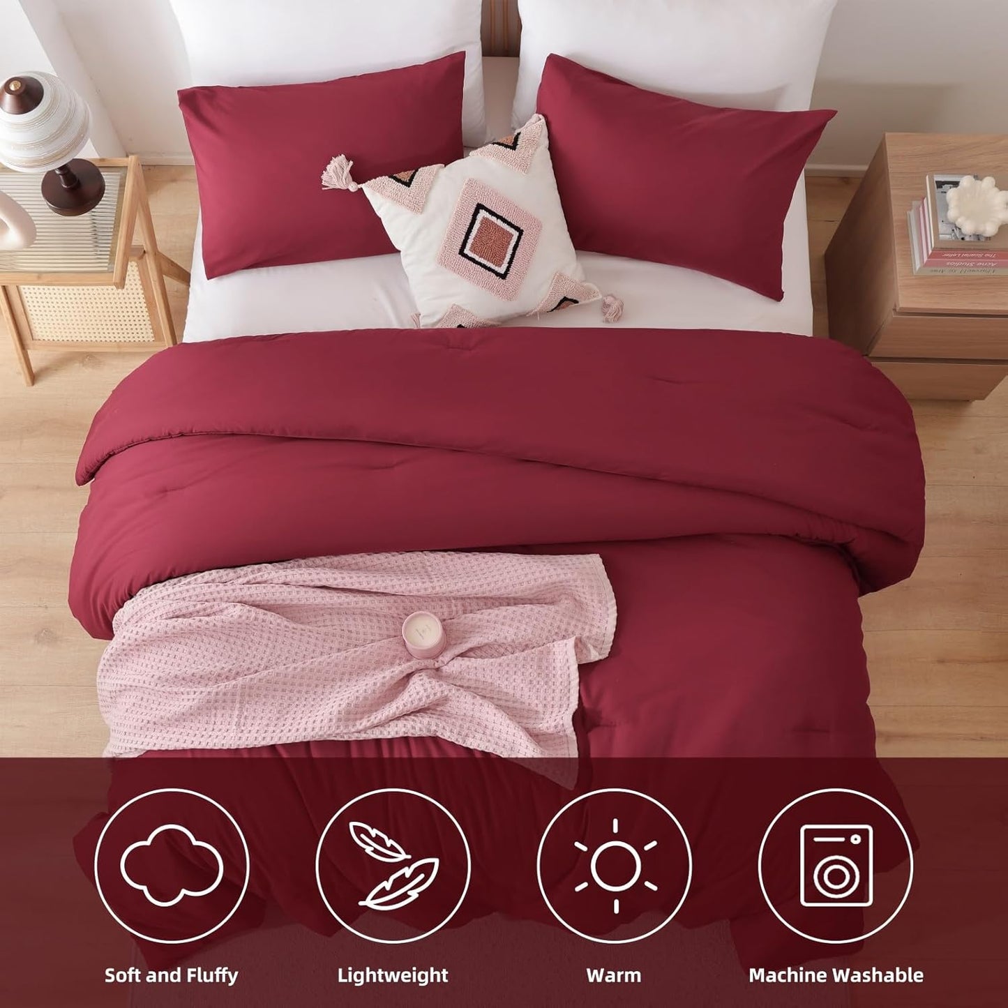 ROSGONIA King Size Comforter Set Dark Red,3pcs King Comforter Set(1 Boho Red Comforter & 2 Pillowcases) All Season Lightweight Bedspread Blanket Quilt