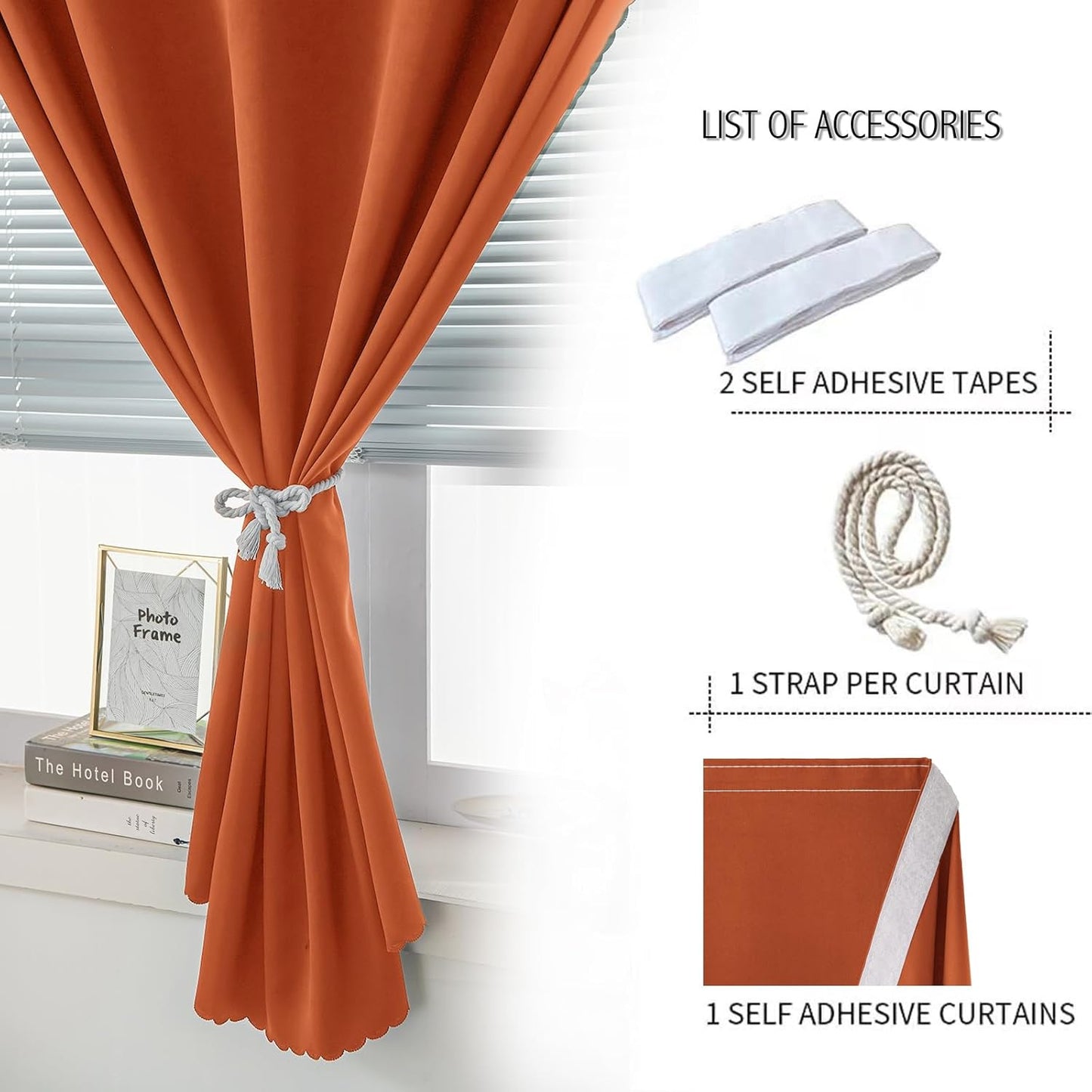 Self Adhesive Curtains Portable Blackout Curtain Simple and Easy to Install Bedroom Window Thermal Lnsulated Kitchen Room Darkening Black Small Drapes, 59" W X 84" L, Orange, 1 Panel