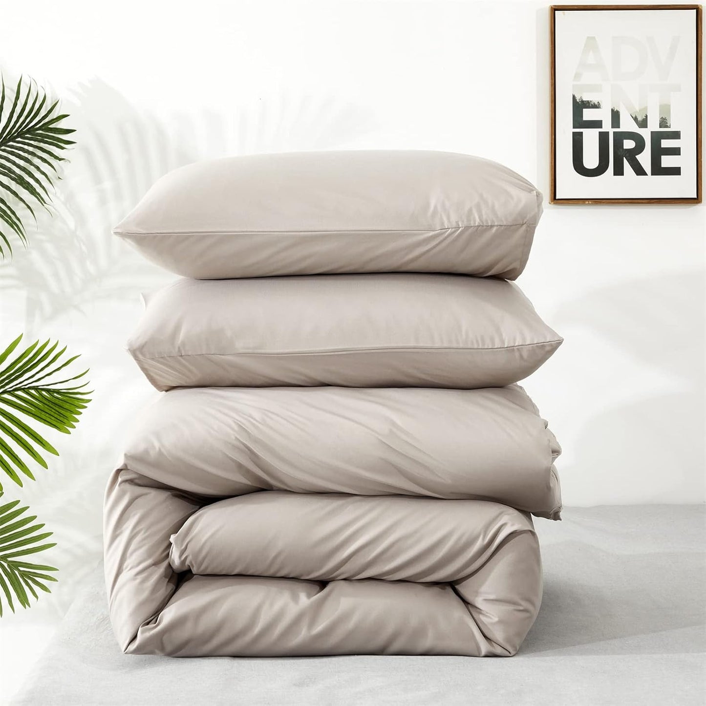 KAREVER Beige Khaki Comforter Set Queen Size Cream Khaki Bedding Set Women 3 Pieces Champagne Queen Taupe Bed Blanket Set All Season Gift