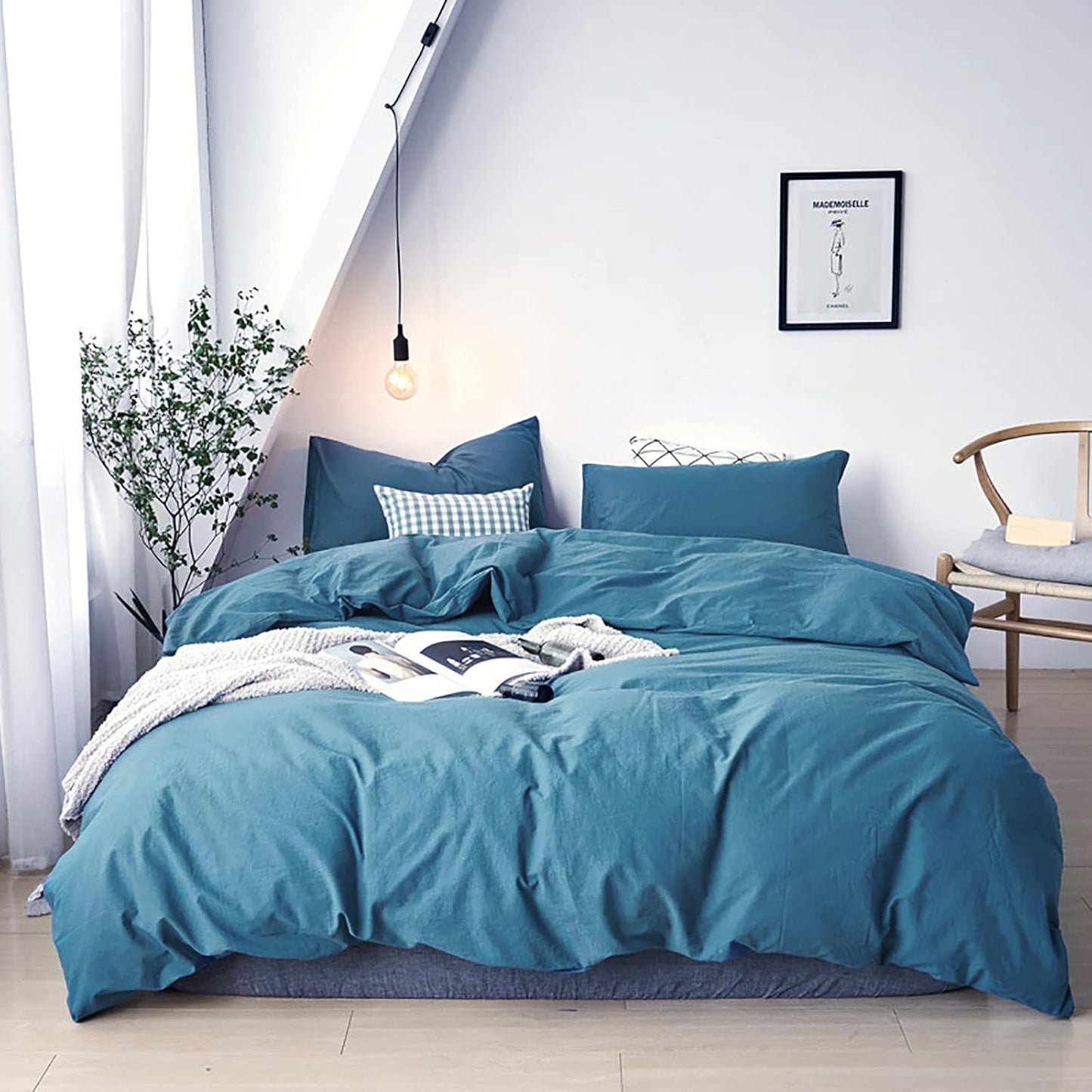 Cottonight Blue Comforter Sets King Lake Blue Bedding Set Haze Blue Blanket Quilt Solid Color Modern Breathable Soft King Bedding Comforter Sets for Women Men