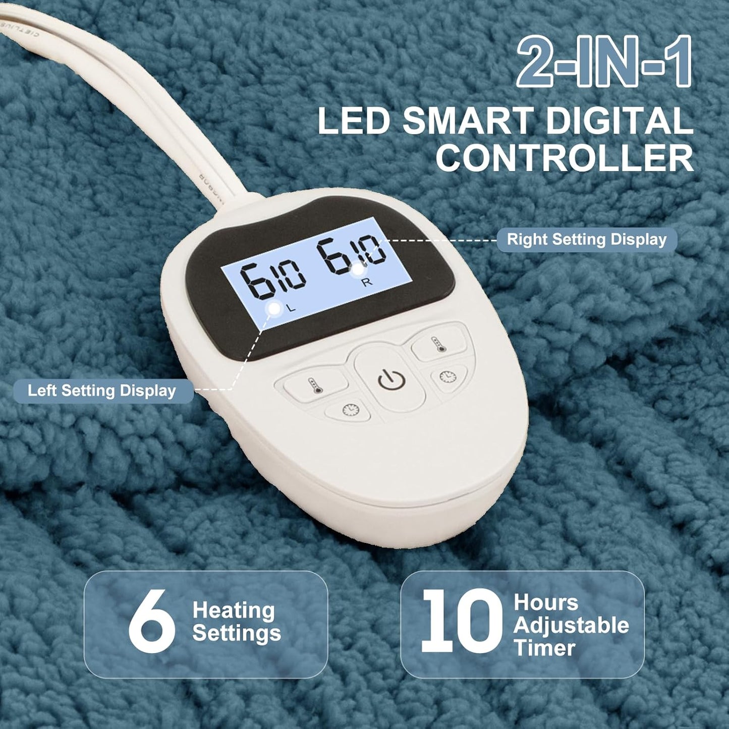King Size Electric Blanket Single Control - 100"X90" Soft Double Sided Sherpa Heated Blanket with 6 Heating Levels & 10 hrs Timer Settings, Washable & Overheat Protection, Blue