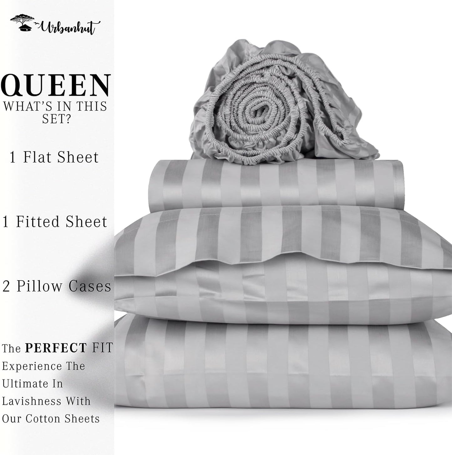 URBANHUT 1000 Thread Count Egyptian Cotton Sheets Damask Striped Queen Size, Breathable Long Staple, 4 Pc Bed Sheet Sets, Luxury Hotel Sateen Sheets Fits 16" Deep Pocket - Silver Grey