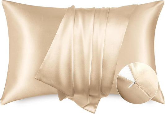 Bedsure Satin Pillowcase with Zipper, Similar to Silk Pillow Cases 2 Pack, Satin Pillow Cases King, Silky & Soft Bedding Pillow Covers for Hair and Skin, Gifts for Women Men, Champagne, 20x36 Inches