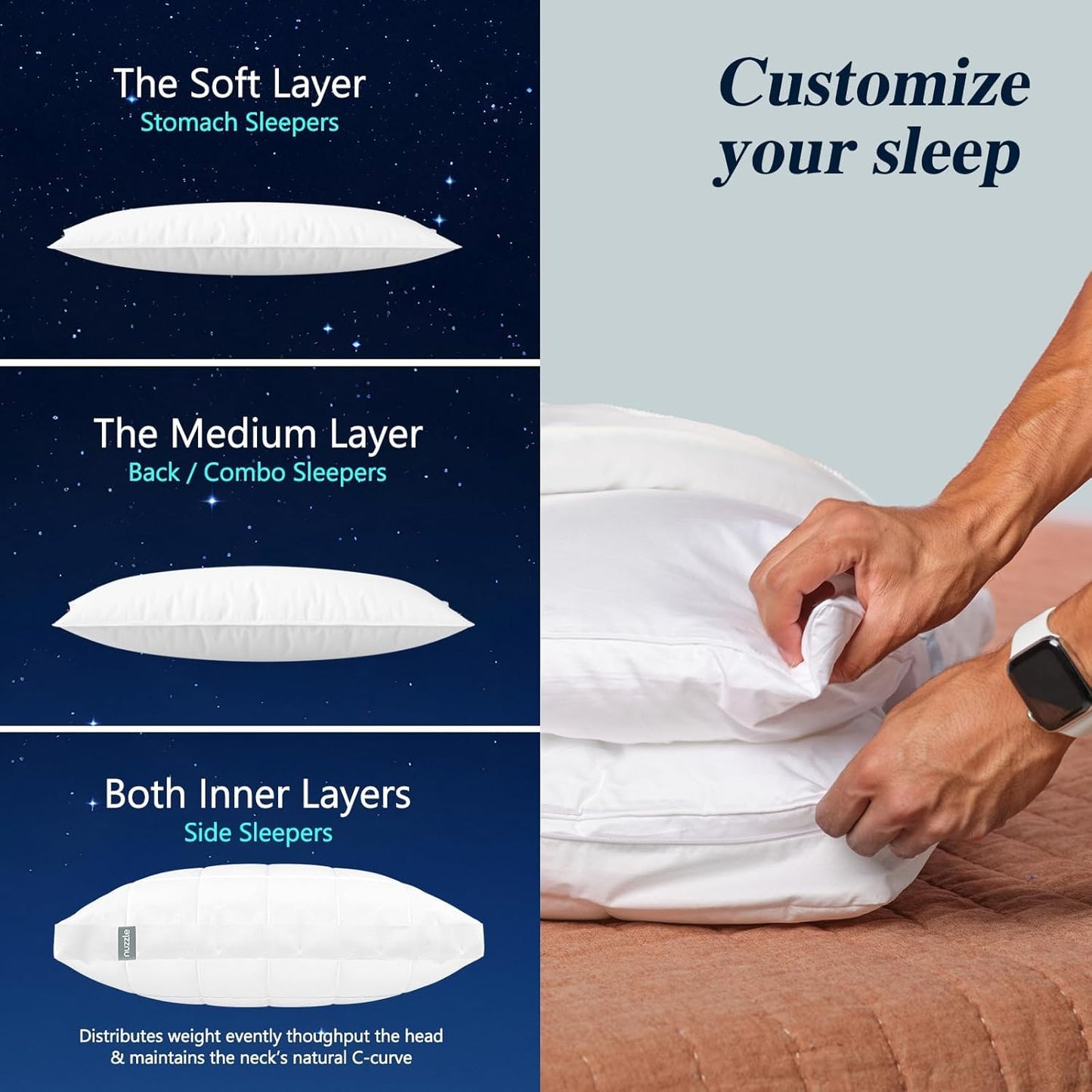 Nuzzle Cooling Adjustable Pillow Queen Size for Side Sleepers, Luxury Bed Pillow Hotel Collection - Best Adjust Height Soft Firm Pillow for Back, Stomach or Side Sleepers
