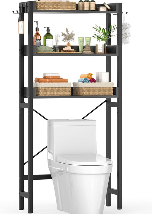 Ecoprsio Over-The-Toilet Storage Rack, 3-Tier Bathroom Organizer Shelf Over Toilet, Freestanding Space Saver Toilet Stands with 4 Hooks, Black