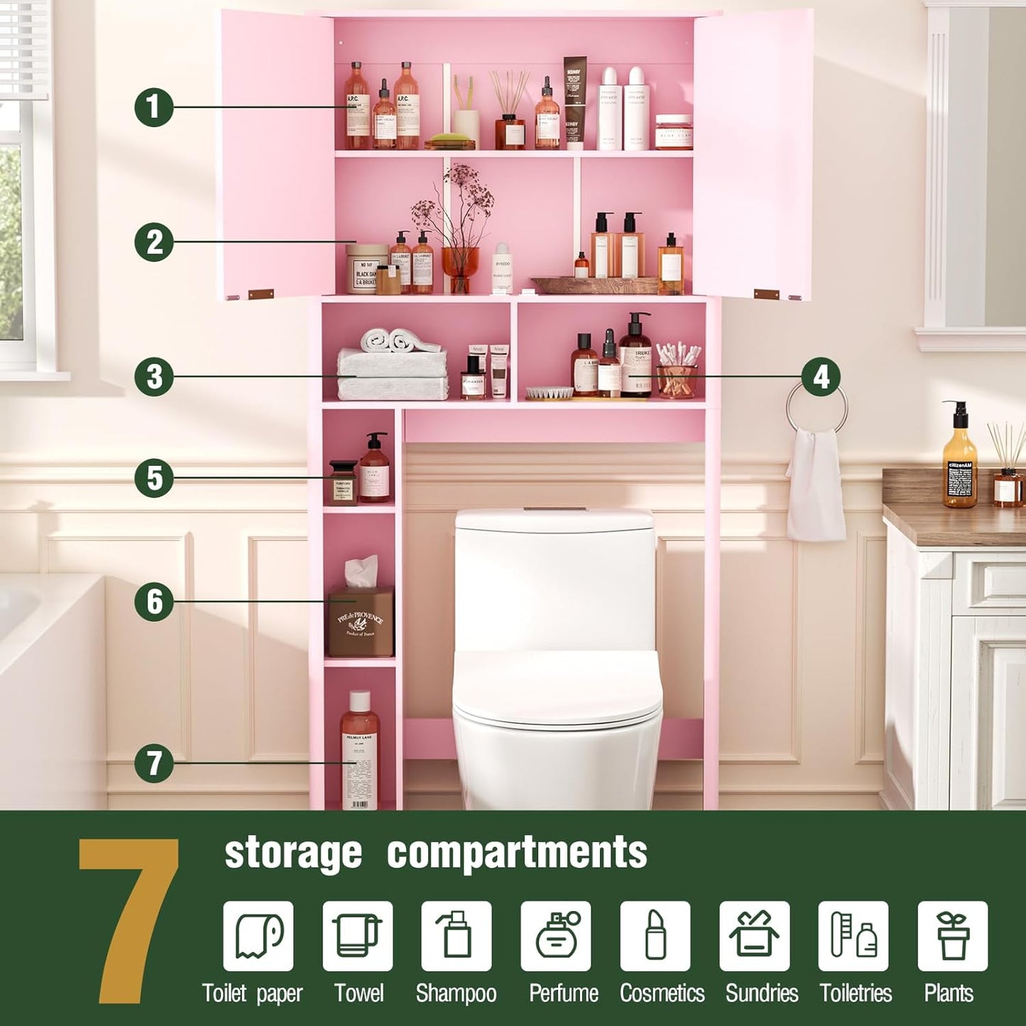 31" W Over The Toilet Storage Cabinet with Fluted Door, Pink Bathroom Organizer with Adjustable Shelf, Toilet Paper Holder Stand Wave Door for Restroom, Laundry Room