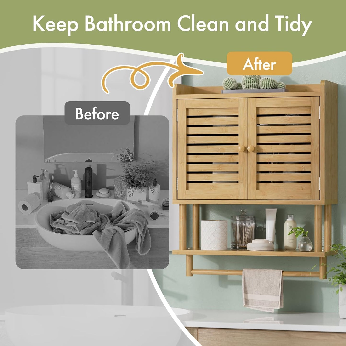 AmazerBath Bathroom Wall Cabinets, Large Bamboo Medicine Cabinets with Towel Bar, Hanging Over Toilet Storage Organizer Cabinet with Adjustable Shelves for Small Spaces, 8.3x21.3x26.6 Inches