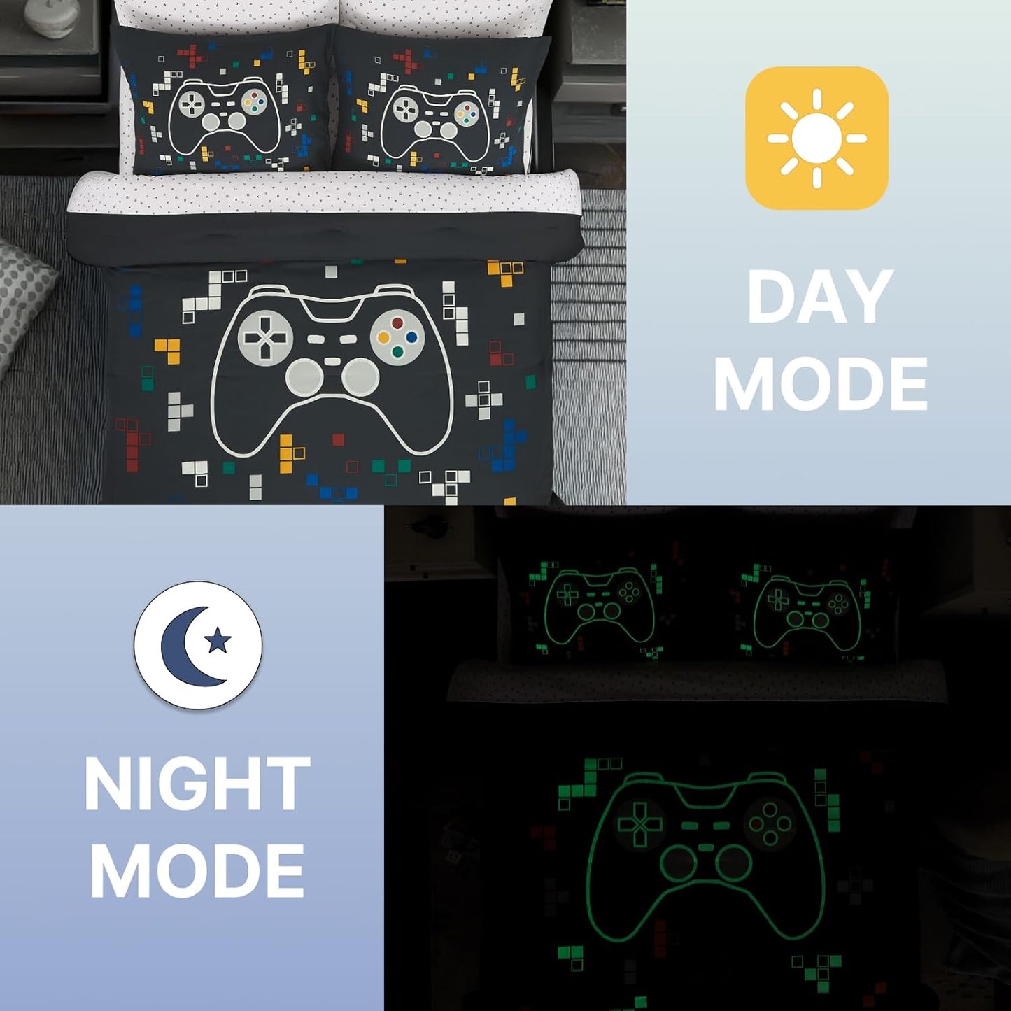 Full Size Comforter Set for Boys-7 Pieces Gamer Glow in The Dark Full Bedding Sets for Kids, Ultra Soft Bed in A Bag with Sheets