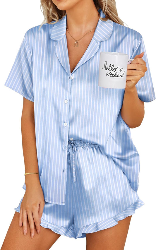 Ekouaer Womens Satin Pajamas Set Button Down 2 Piece Silk Pjs Shorts Set Ruffle Lingerie Notch Collar Sleepwear