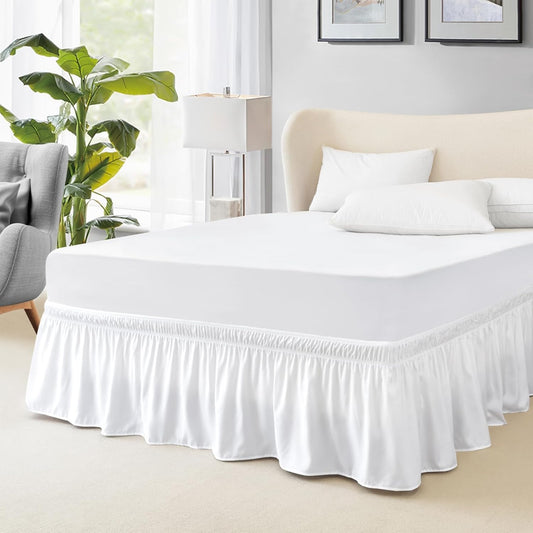 FreshCulture Twin Bed Skirt, Elastic Wrap Around Bed Skirt Twin Bed, Easy Fit with 15-Inch Tailored Drop, Hotel Quality Bed Skirts for Adjustable Bed (White)