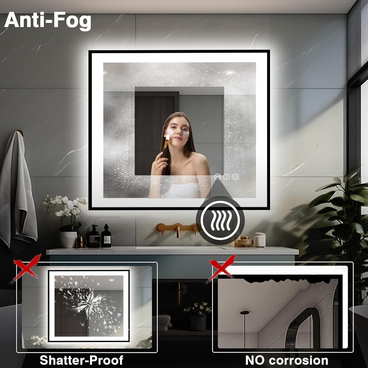 40x38 Lighted Mirrors for Bathroom Wall - Black Aluminum Framed (Front and Backlit), Anti-Fog LED Vanity Mirror, Shatter-Proof Lighted Mirror, 3 Colors Memory Mirror (Horizontal/Vertical)