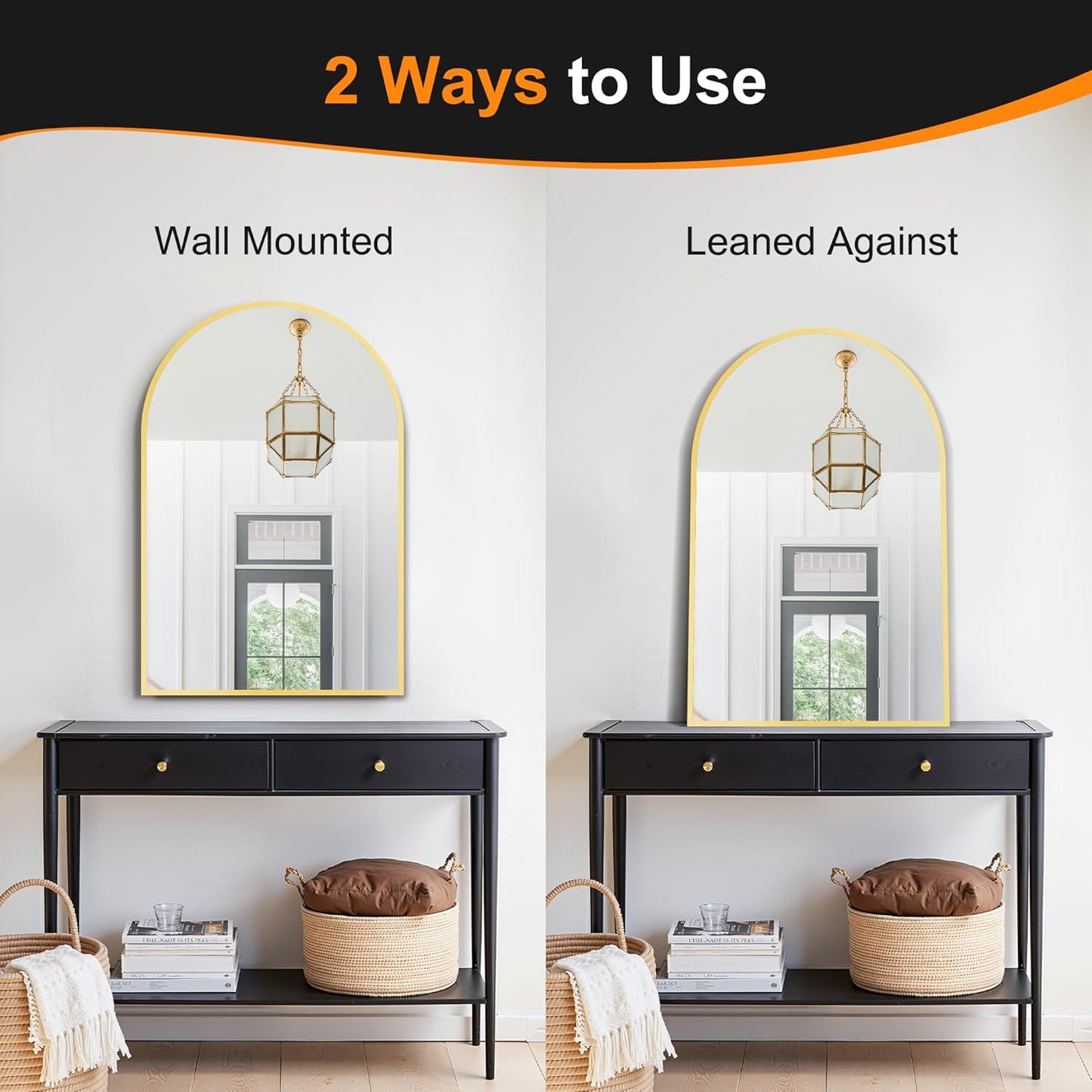 Delma Arched Bathroom Mirror, 24"x36" Wall Mounted Vanity Mirror for Bedroom, Living Room and Entryway, Gold