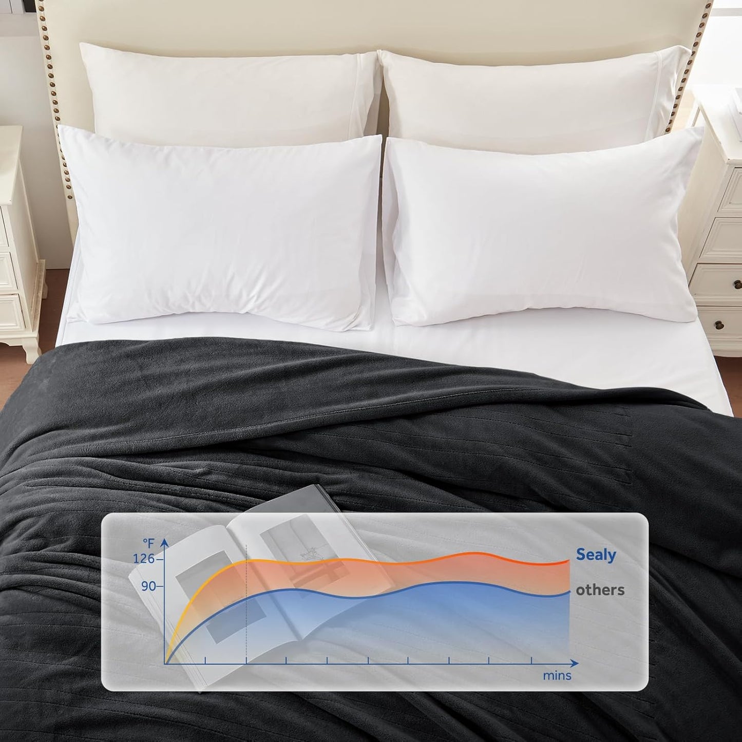 Sealy Heated Blanket Full Size 80"x84", Soft Double Flannel Electric Blanket with 10 Heat Levels & 1-12 Hours Auto Shut Off, Machine Washable, Even Heat Distribution, Charcoal