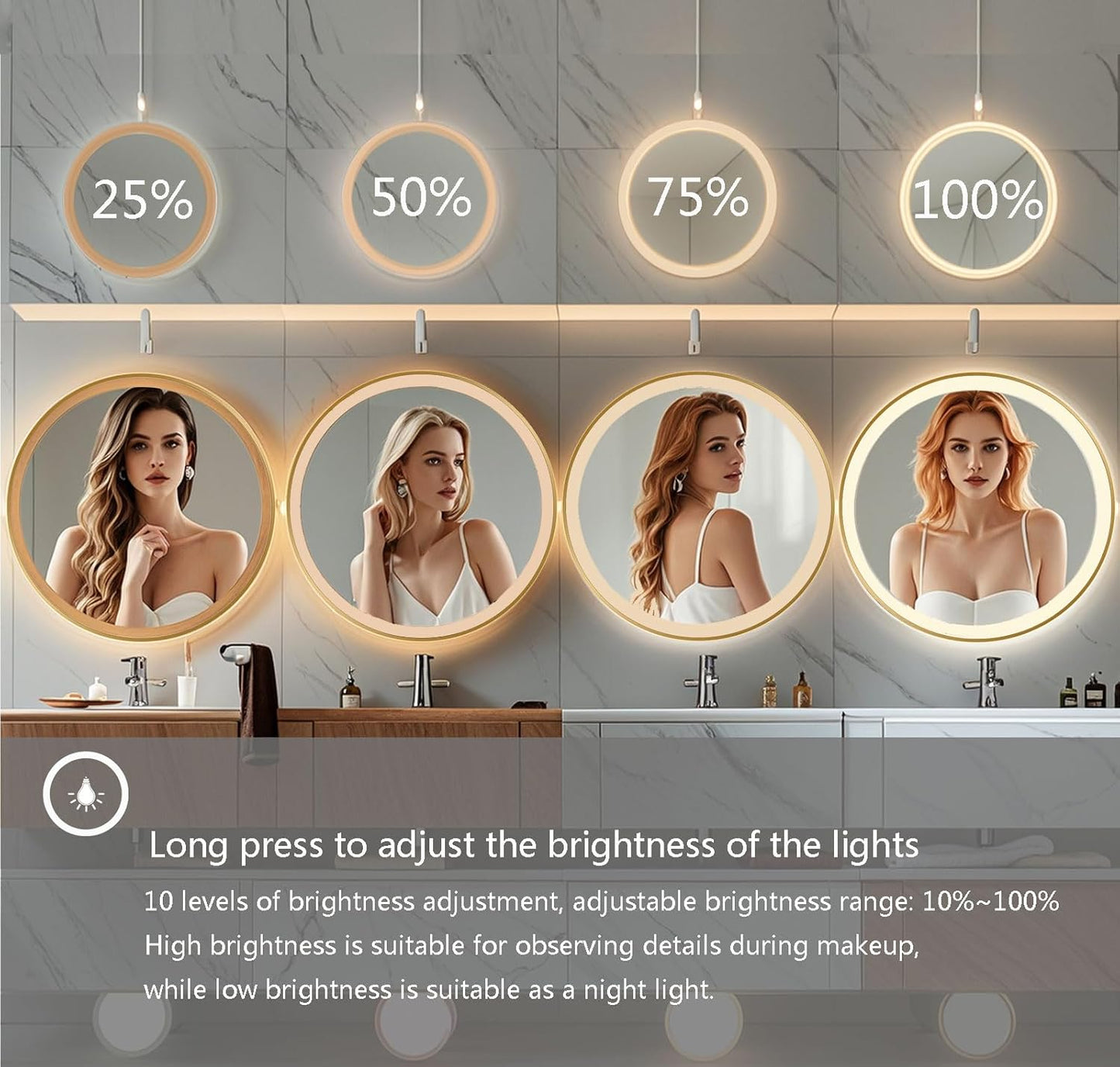 32 Inch Wall-Mounted Round Bathroom Mirror with LED-Lights - Frame Vanity Mirrors with Dimmable (32" x 32", Gold)