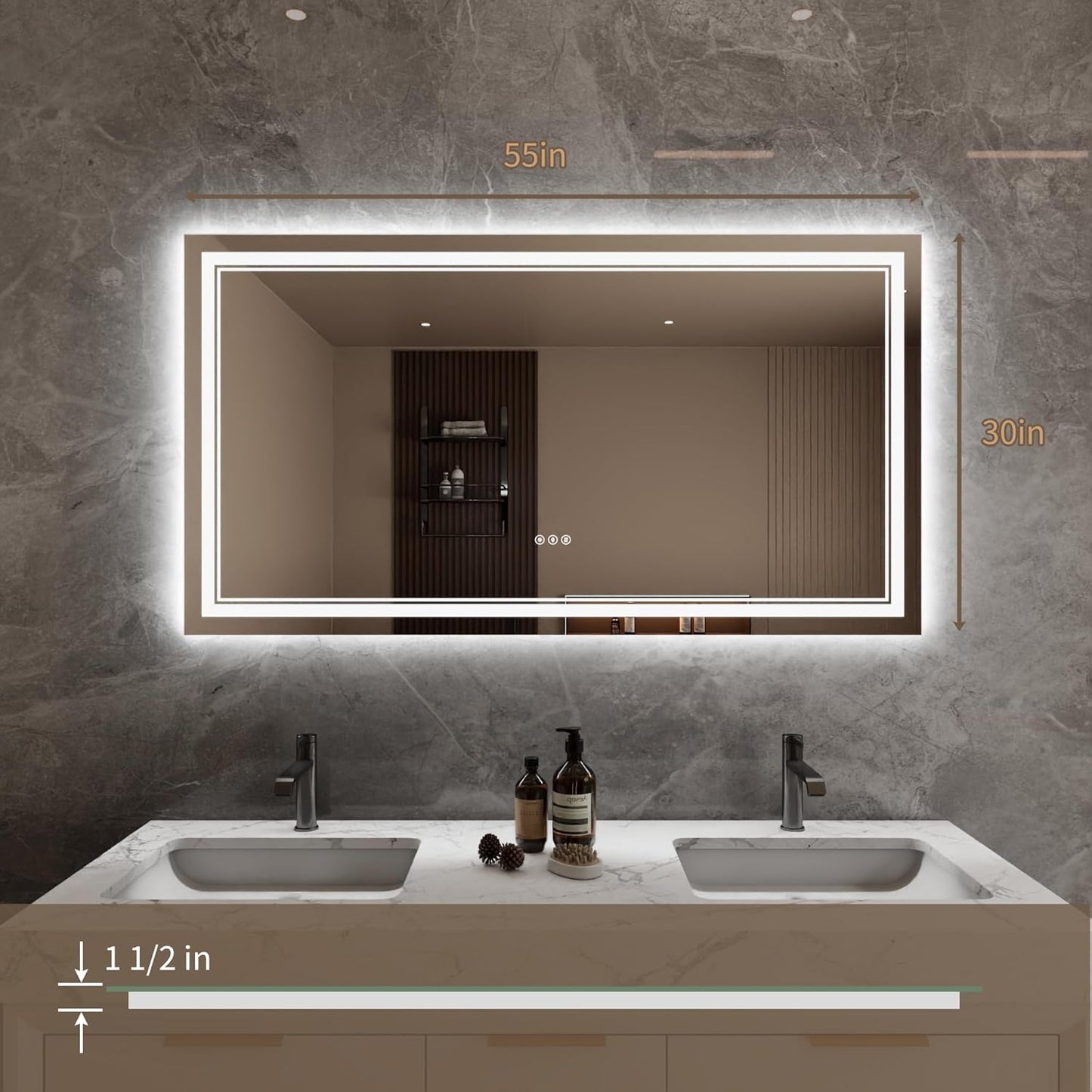Bathroom Mirror with Lights 30"X55" with Front Light and Backlit, Tempered Glass, Wall Mount Horizontal/Vertical, Stepless Dimmable, 3 Colors, Anti Fog, Bathroom Memory LED Mirror