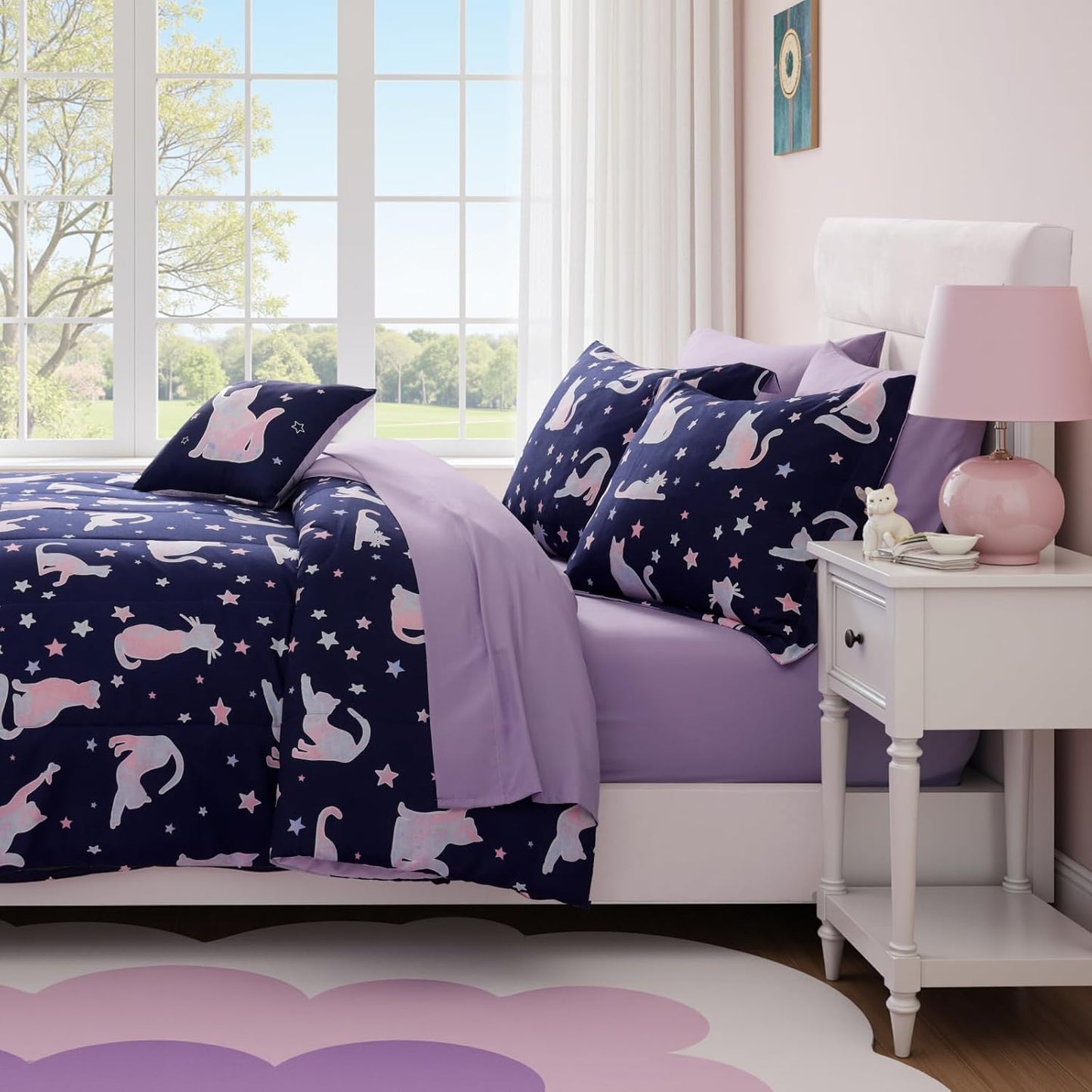 Twin Comforter Set for Girls -3 Pieces Cute Cat Twin XL Bedding Set with 1 Comforter, 1 Decor Pillow, 1 Pillow Sham